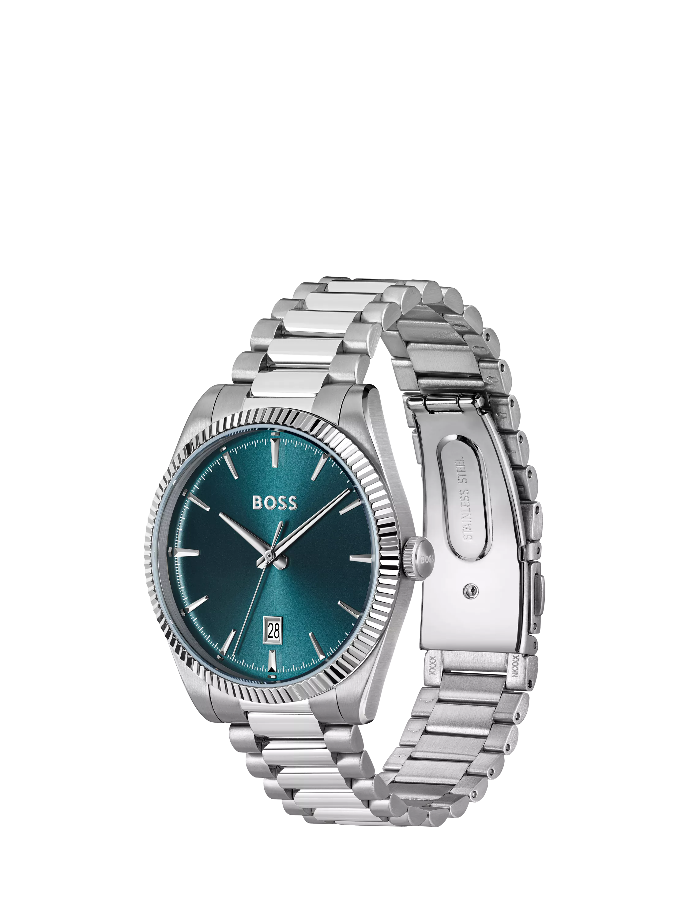 HUGO BOSS men's round stainless steel bracelet watch blue dial, imported from the UK