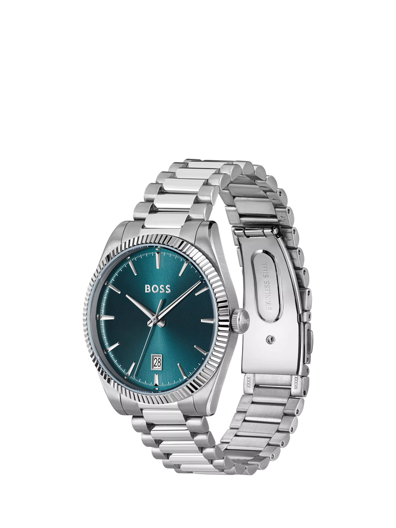 HUGO BOSS men's round stainless steel bracelet watch blue dial, imported from the UK