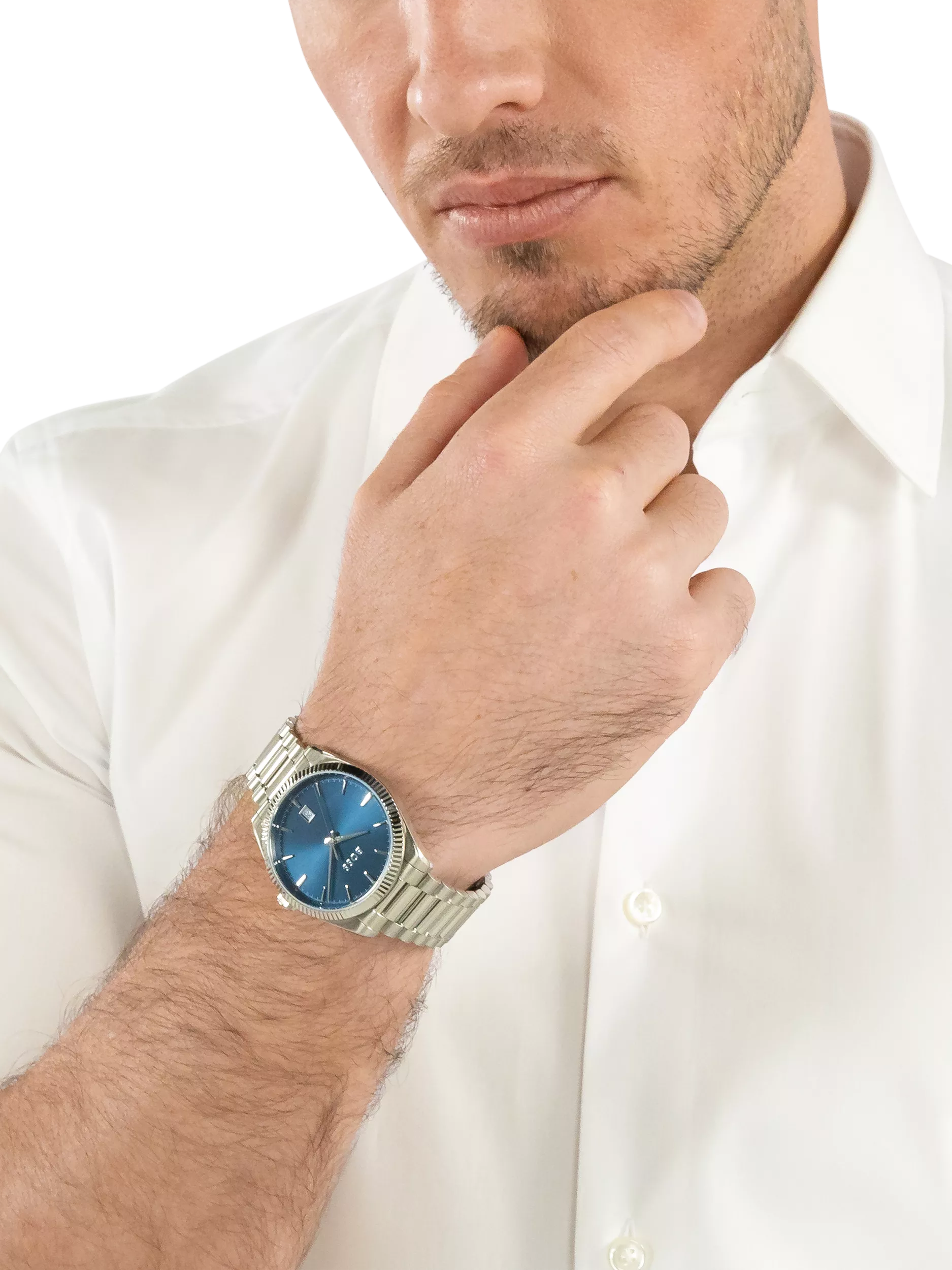 HUGO BOSS men's round stainless steel bracelet watch blue dial, imported from the UK