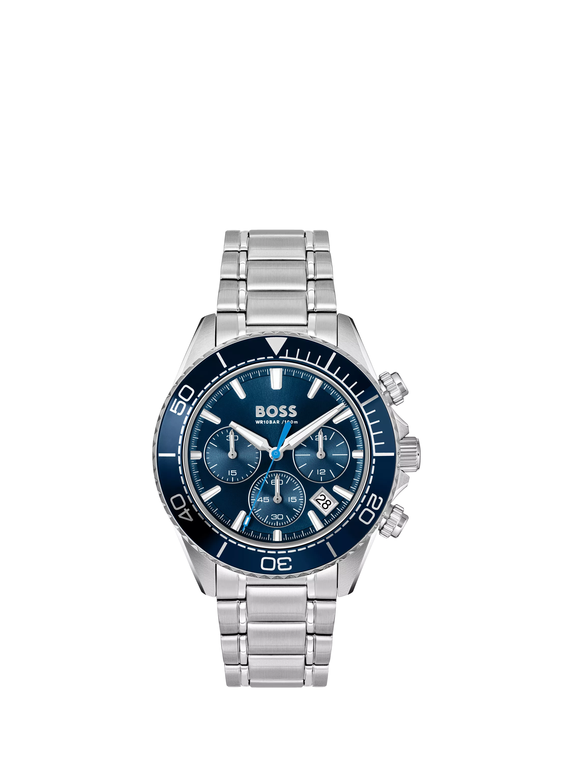 HUGO BOSS men's round chronograph watch silver blue dial (British brand)
