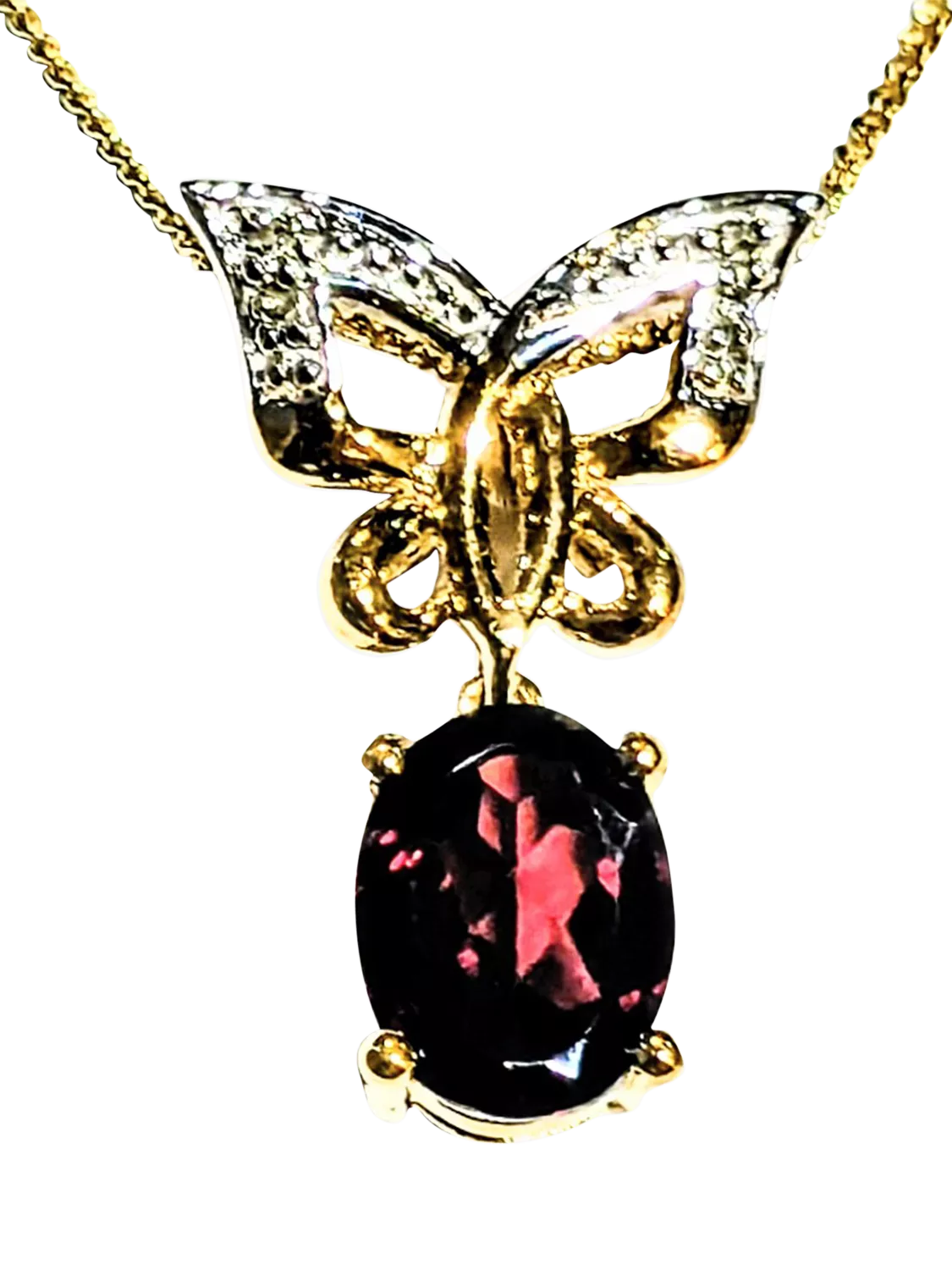 L & T Heirlooms 9ct gold butterfly pendant garnet diamond, UK version