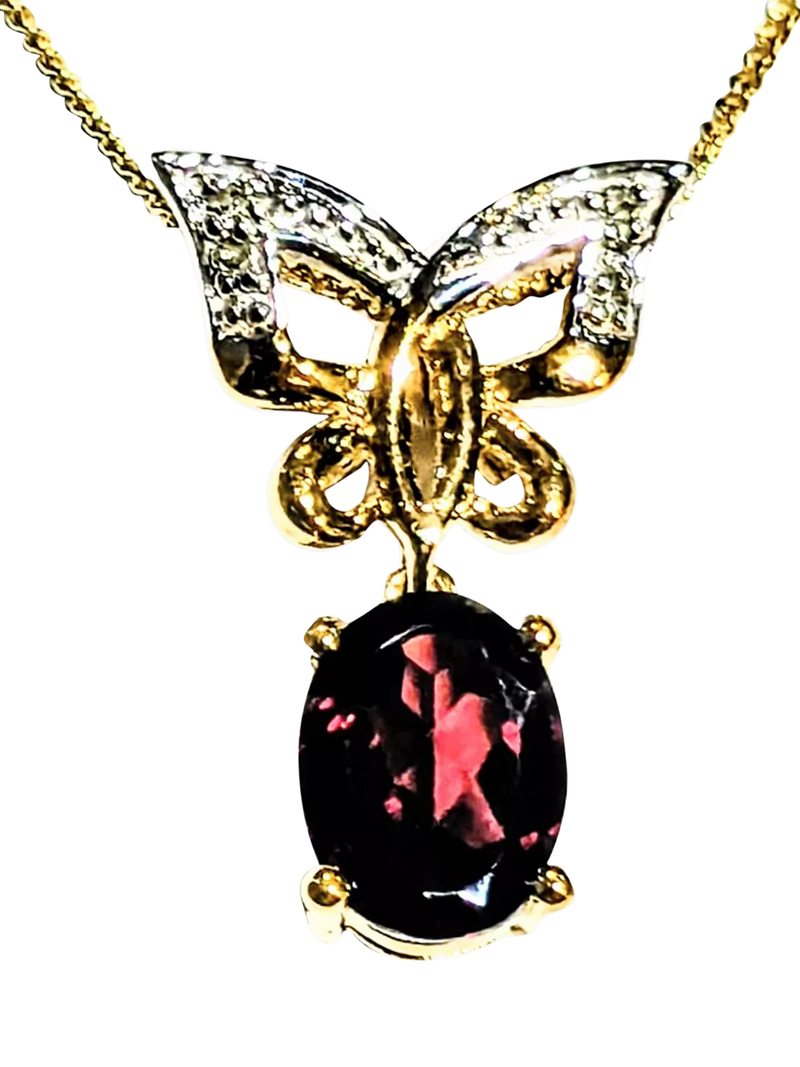 L & T Heirlooms 9ct gold butterfly pendant garnet diamond, UK version