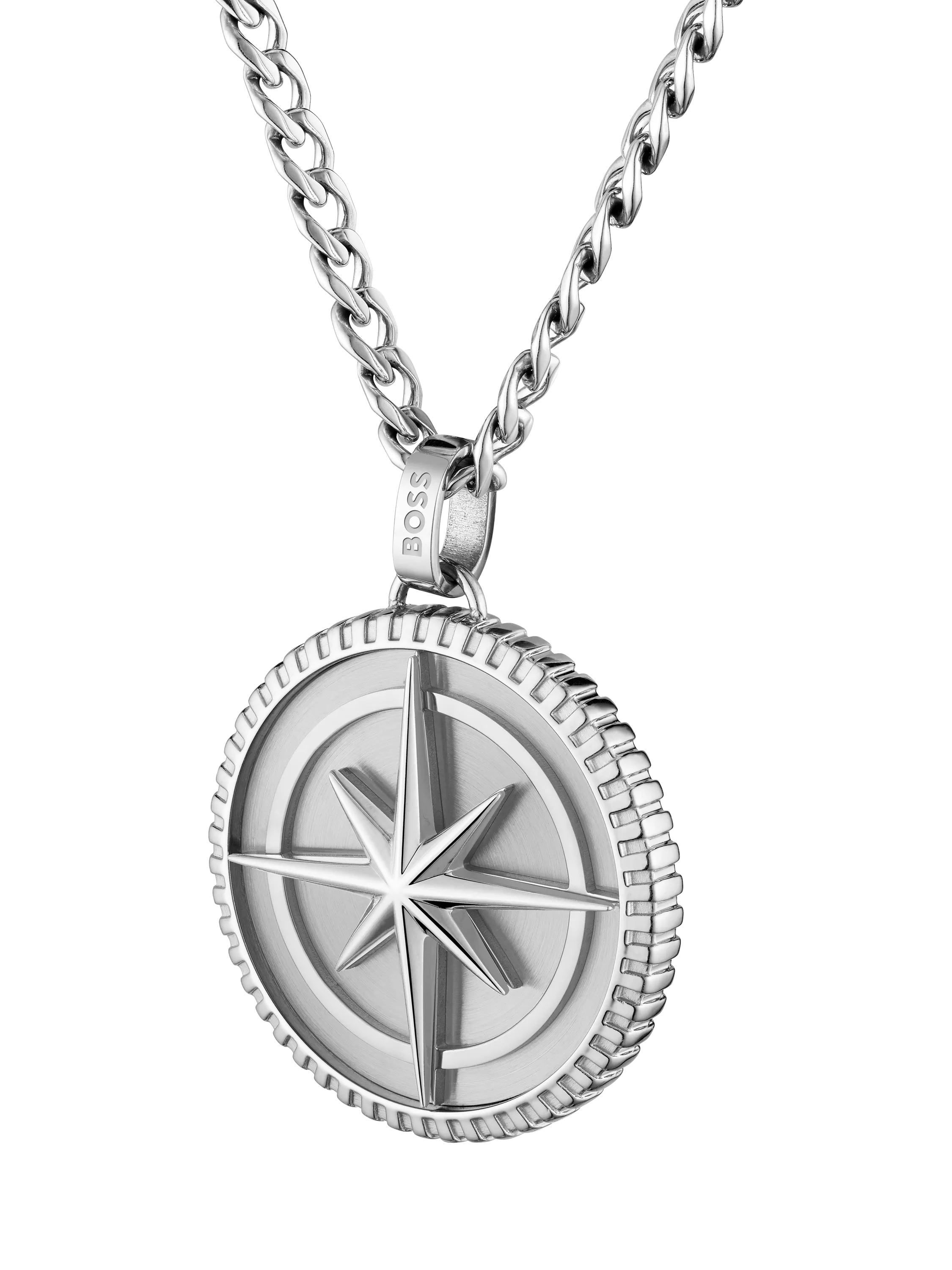 BOSS star embossed circular pendant necklace silver stainless steel - British product