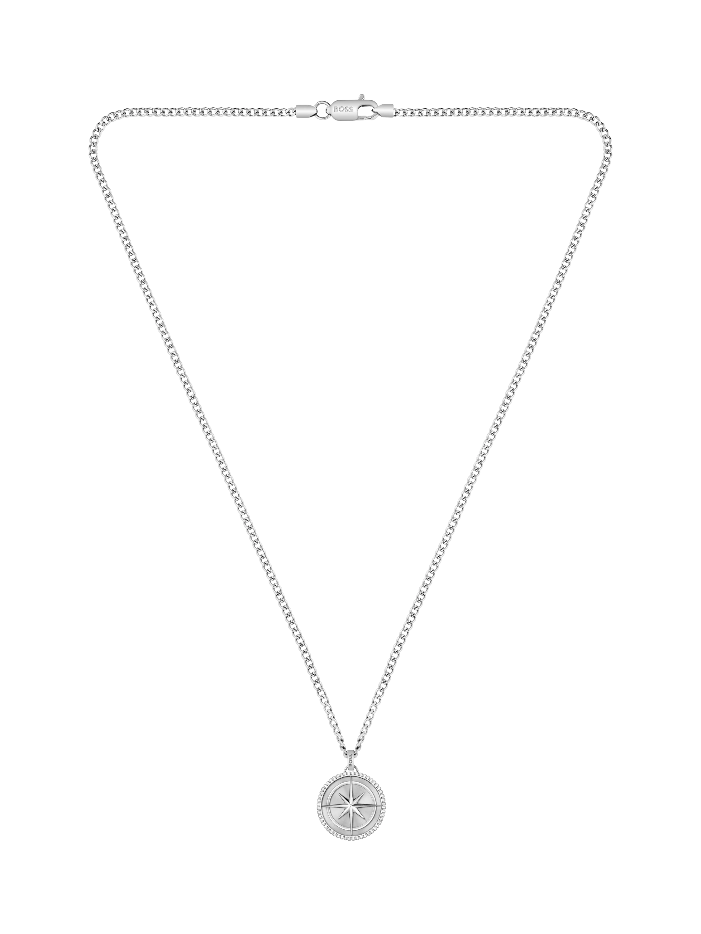 BOSS star embossed circular pendant necklace silver stainless steel - British product