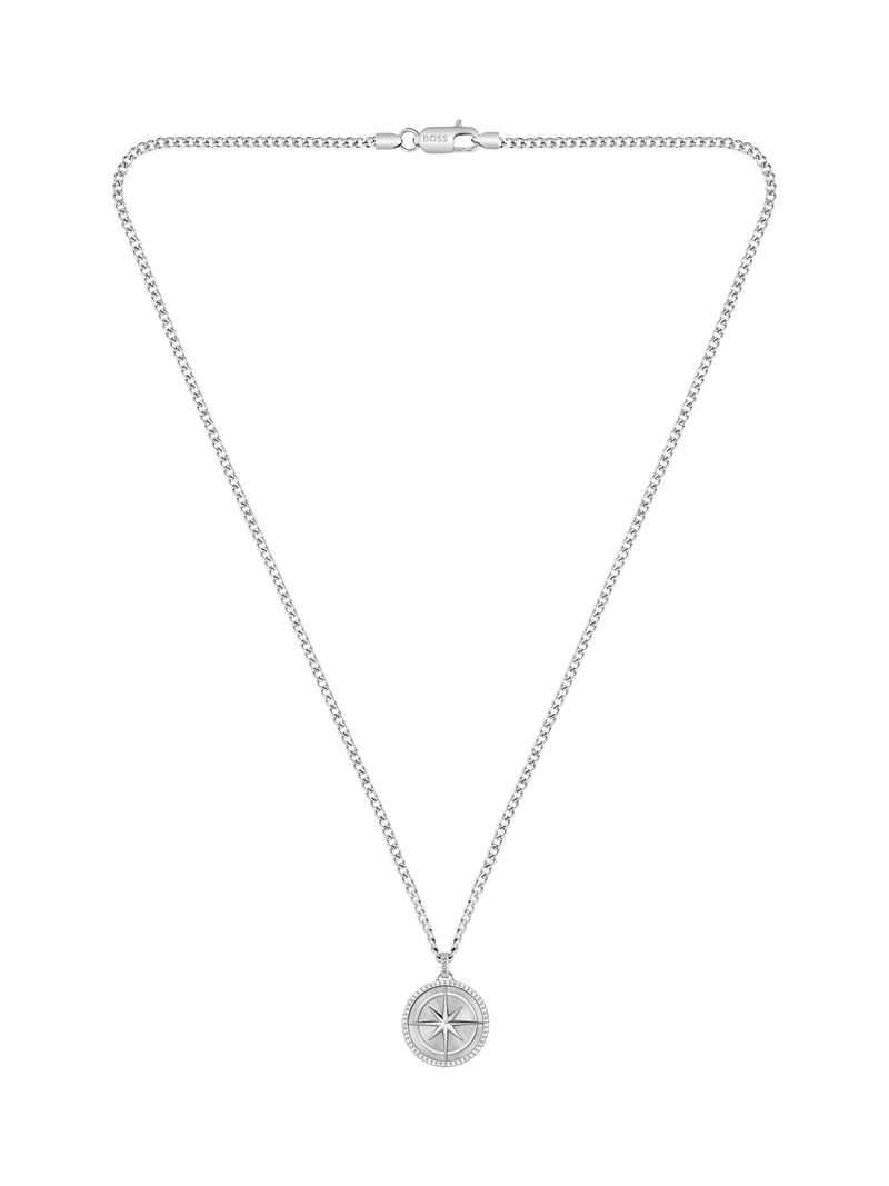 BOSS star embossed circular pendant necklace silver stainless steel - British product