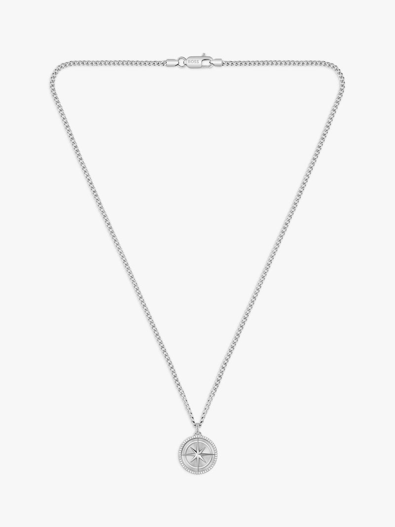 BOSS star embossed circular pendant necklace silver stainless steel - British product
