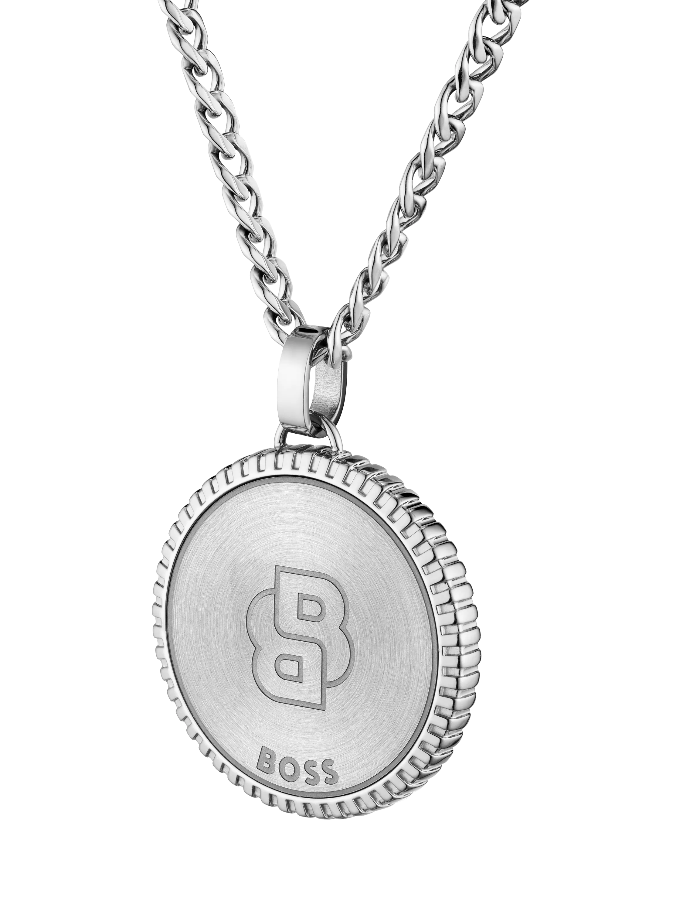 BOSS star embossed circular pendant necklace silver stainless steel - British product