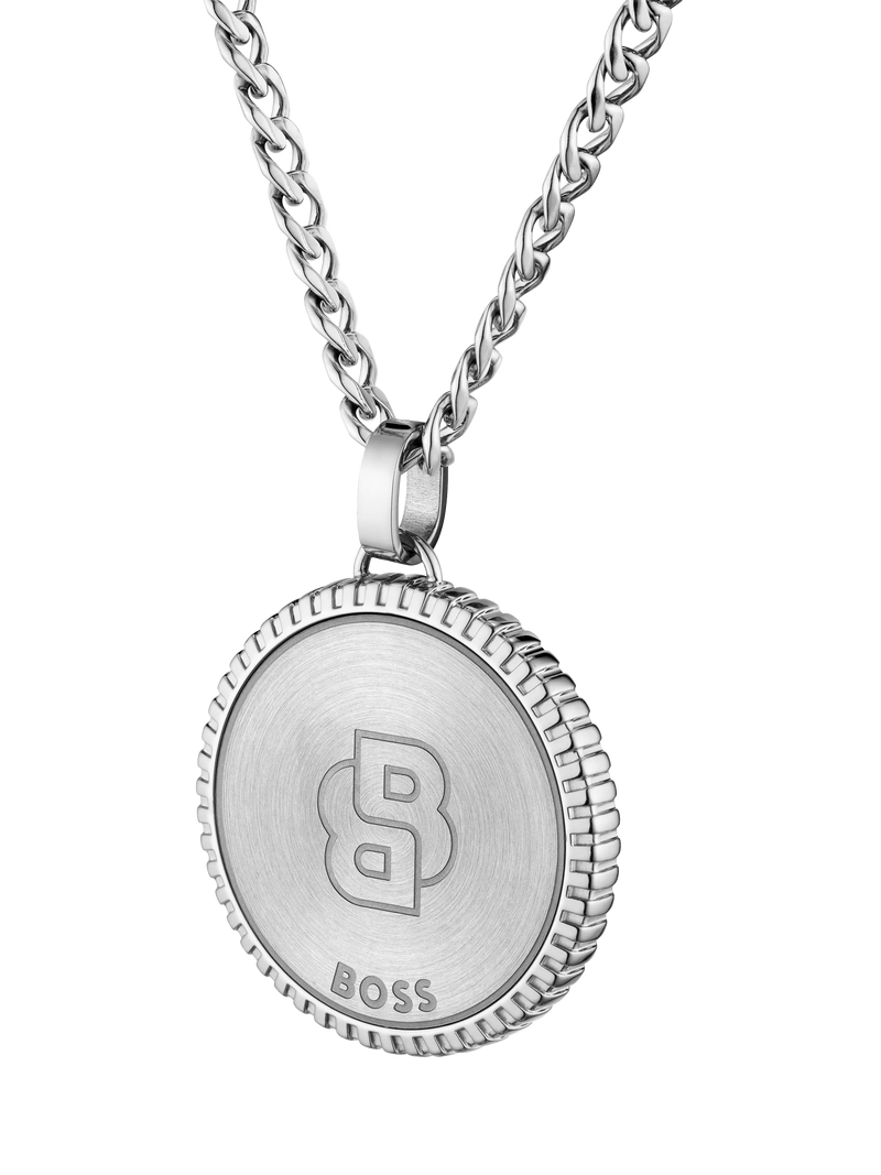BOSS star embossed circular pendant necklace silver stainless steel - British product