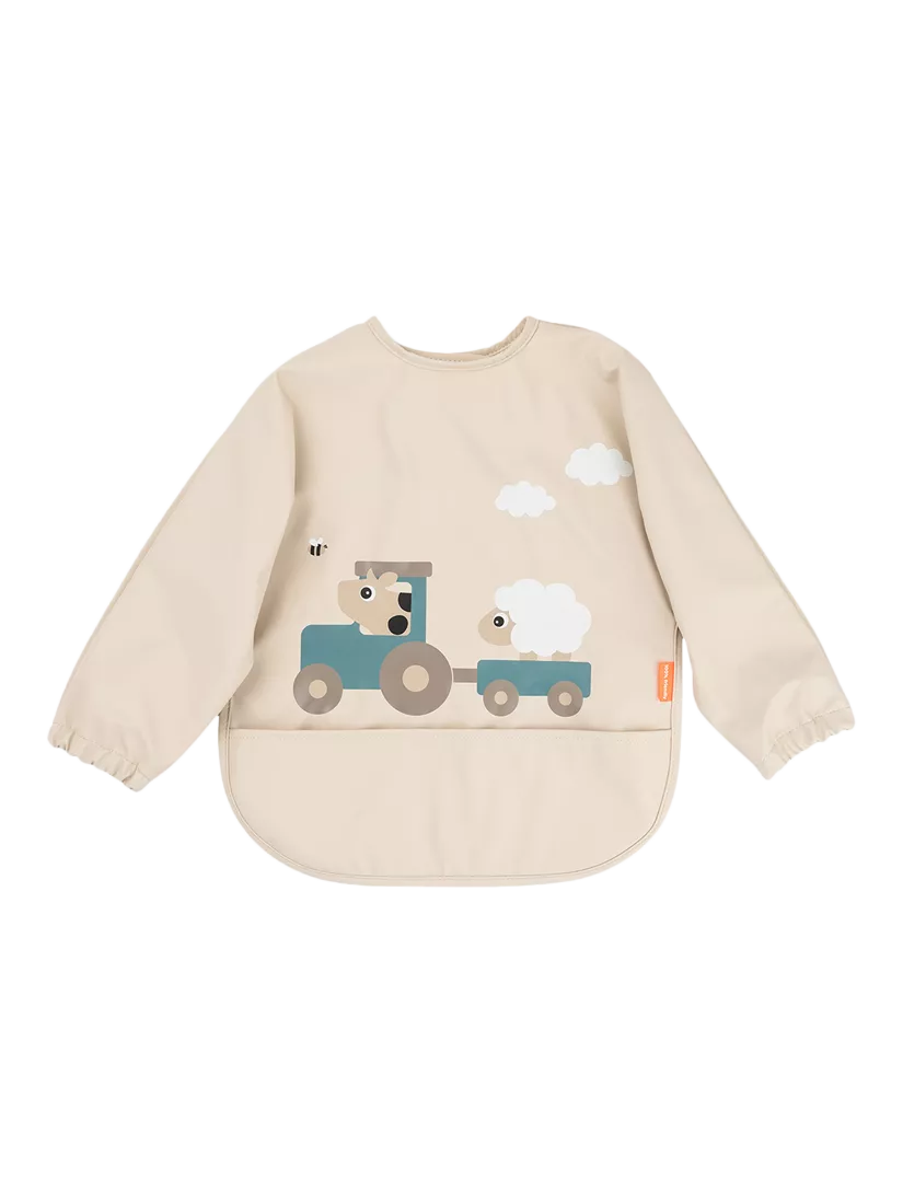 Done By Deer sleeved pocket bib in sand (British brand)