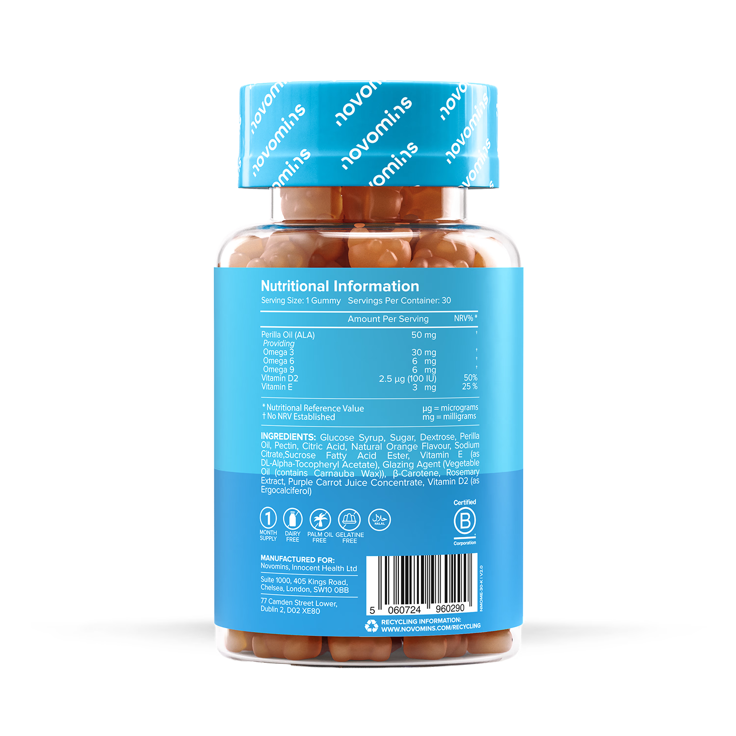 Novomins Kids Omega 3-6-9 gummies orange flavoured 30 count - British product