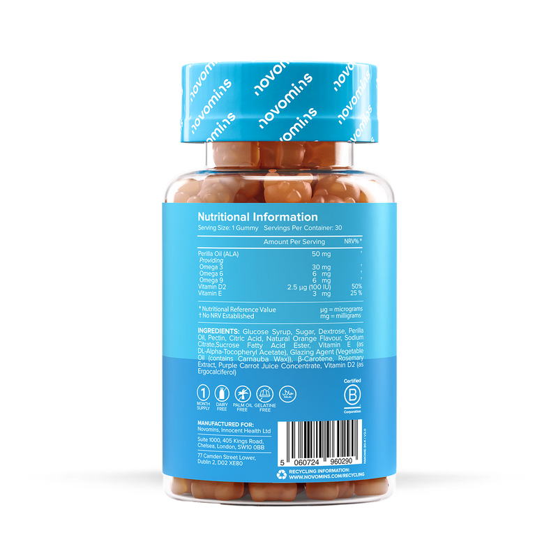 Novomins Kids Omega 3-6-9 gummies orange flavoured 30 count - British product