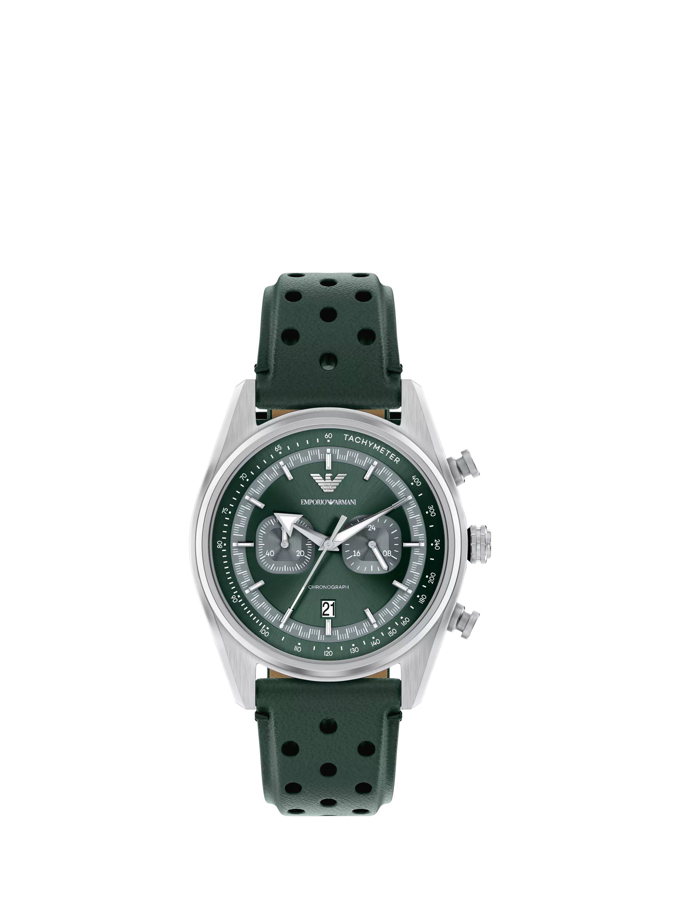 Emporio Armani men's chronograph watch green leather strap, imported from the UK