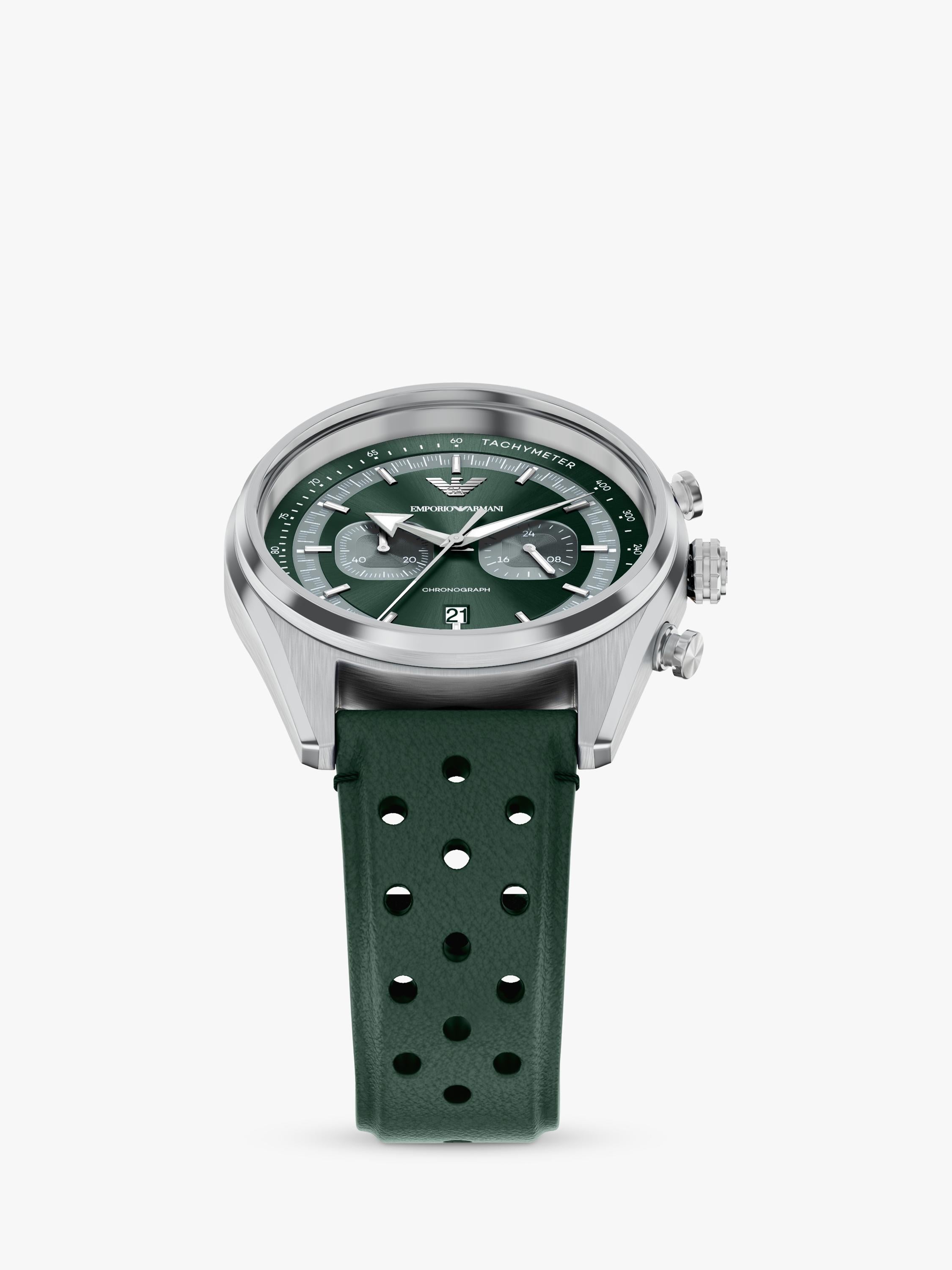 Emporio Armani men's chronograph watch green leather strap, imported from the UK