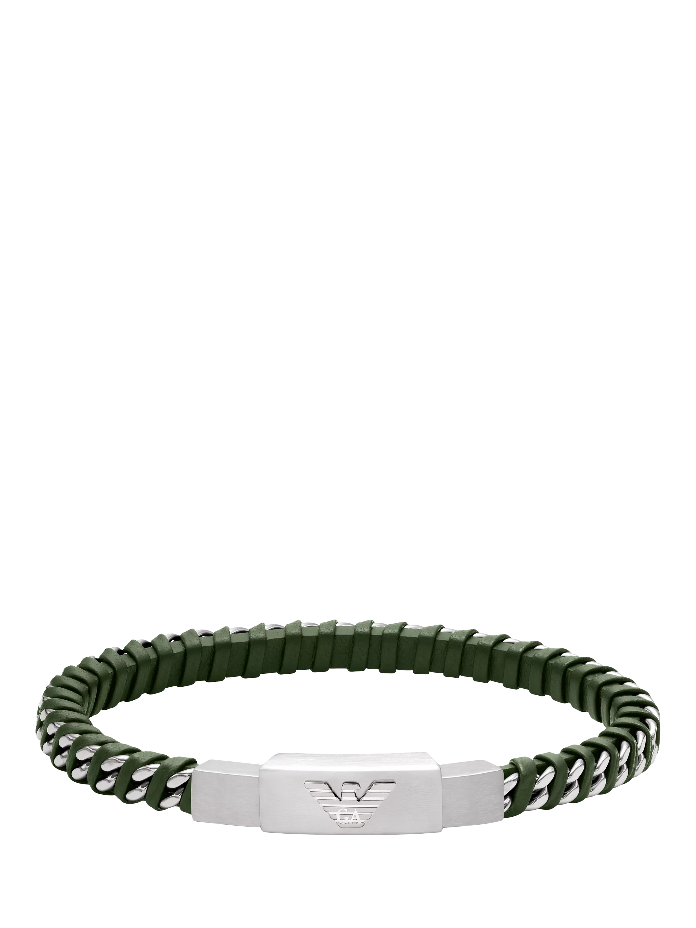 Emporio Armani braided leather bracelet silver green, UK version