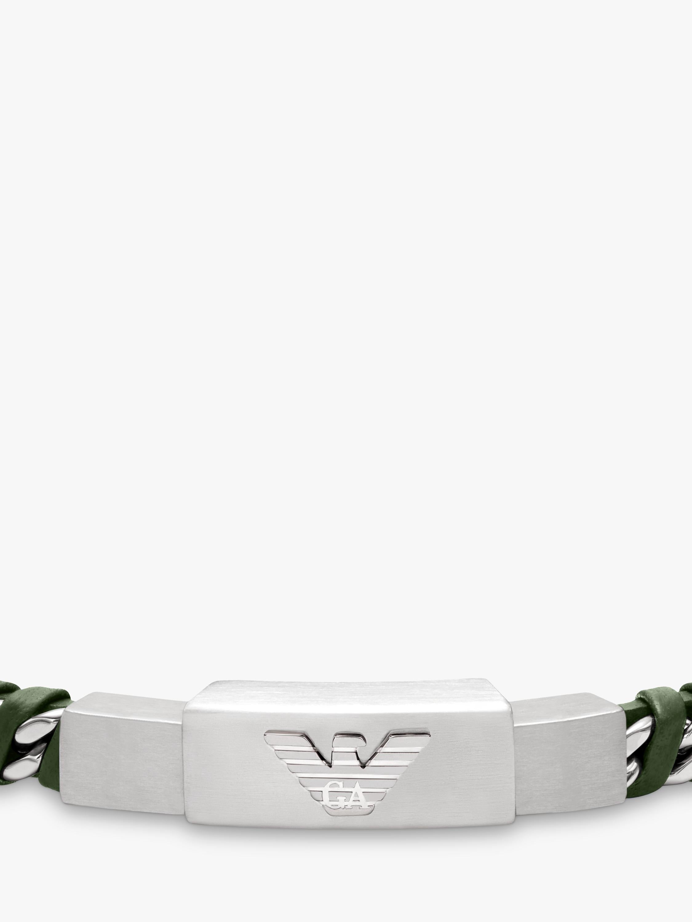 Emporio Armani braided leather bracelet silver green, UK version
