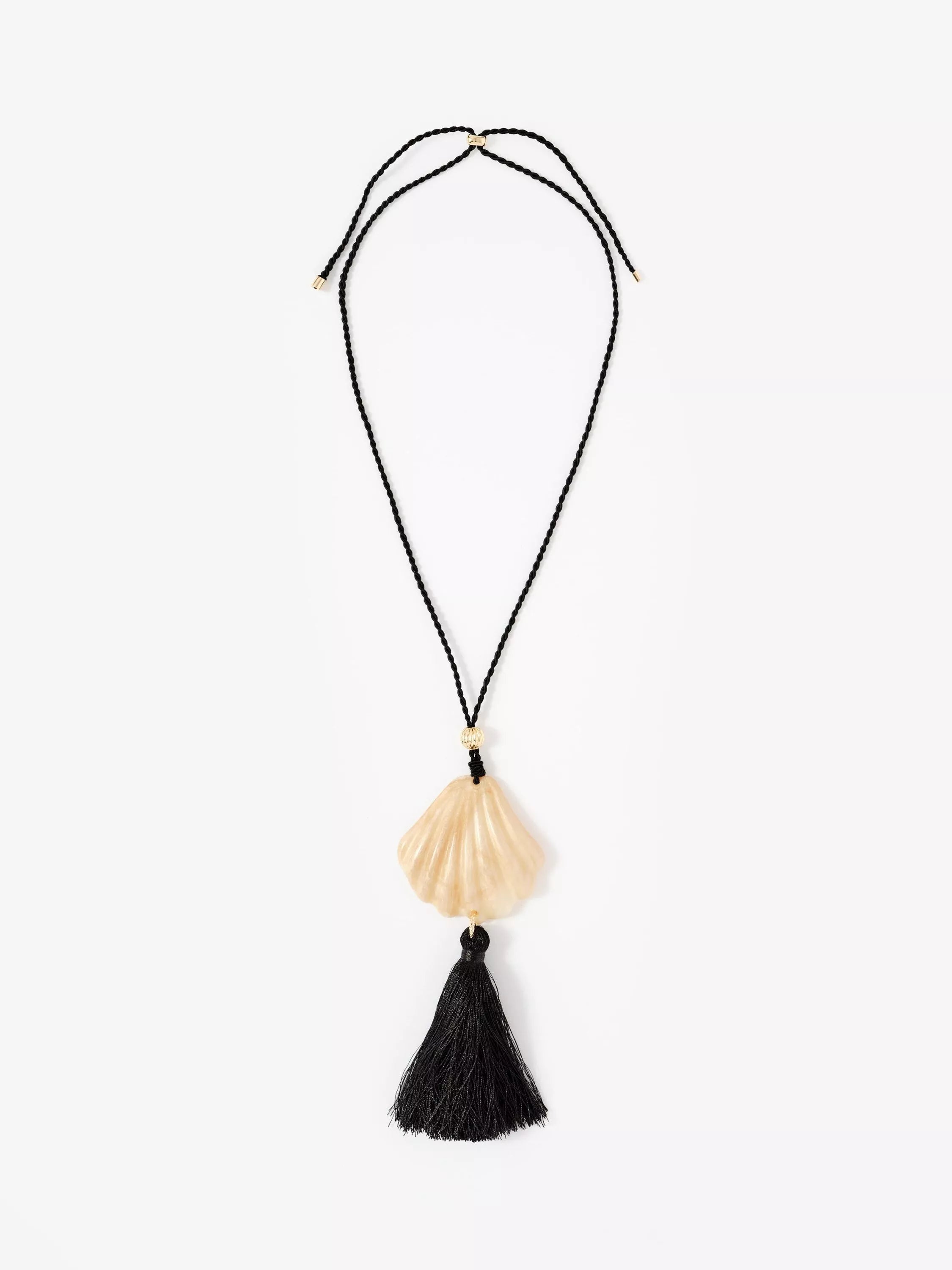 Mint Velvet shell tassel pendant necklace black multi gold toned, imported from the UK