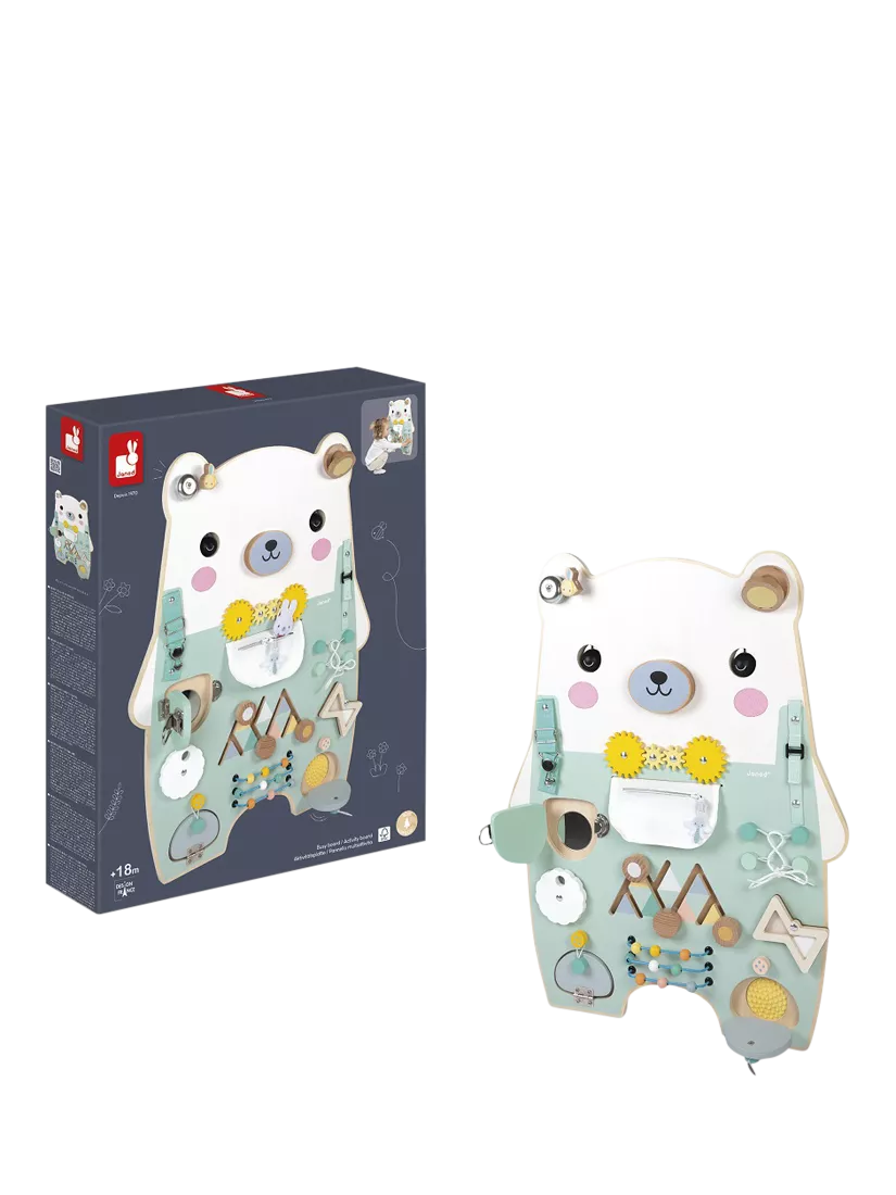 Janod bear busy board activity toy, imported from the UK