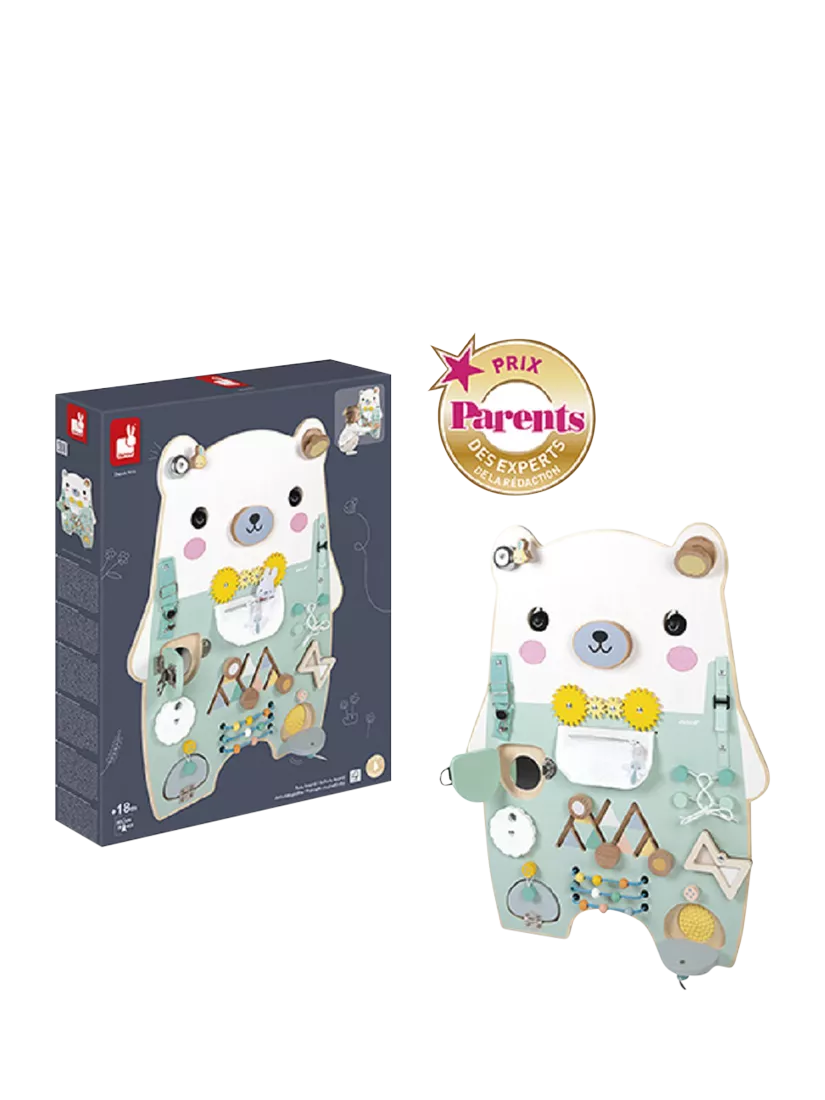 Janod bear busy board activity toy, imported from the UK