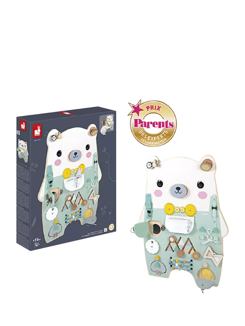 Janod bear busy board activity toy, imported from the UK
