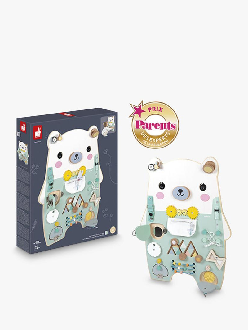 Janod bear busy board activity toy, imported from the UK