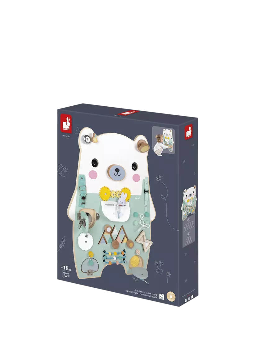 Janod bear busy board activity toy, imported from the UK