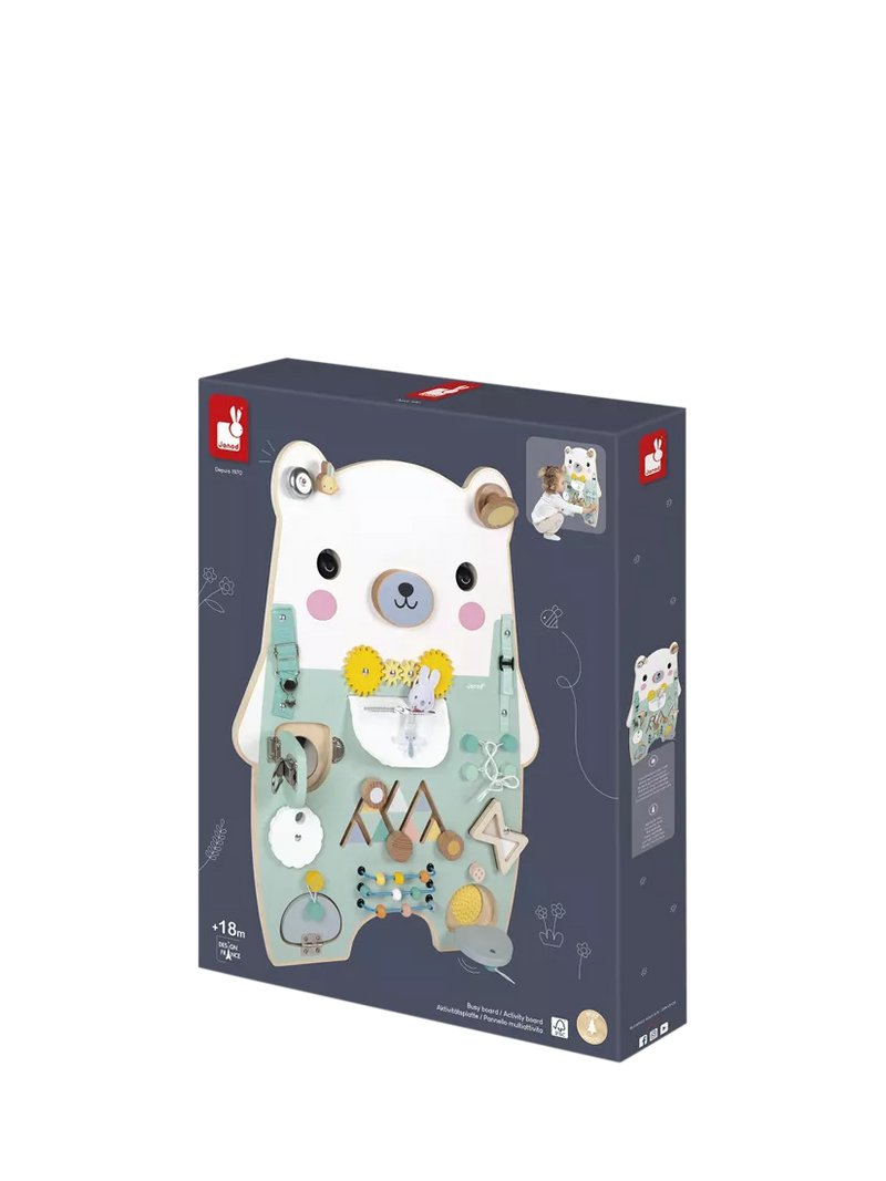 Janod bear busy board activity toy, imported from the UK