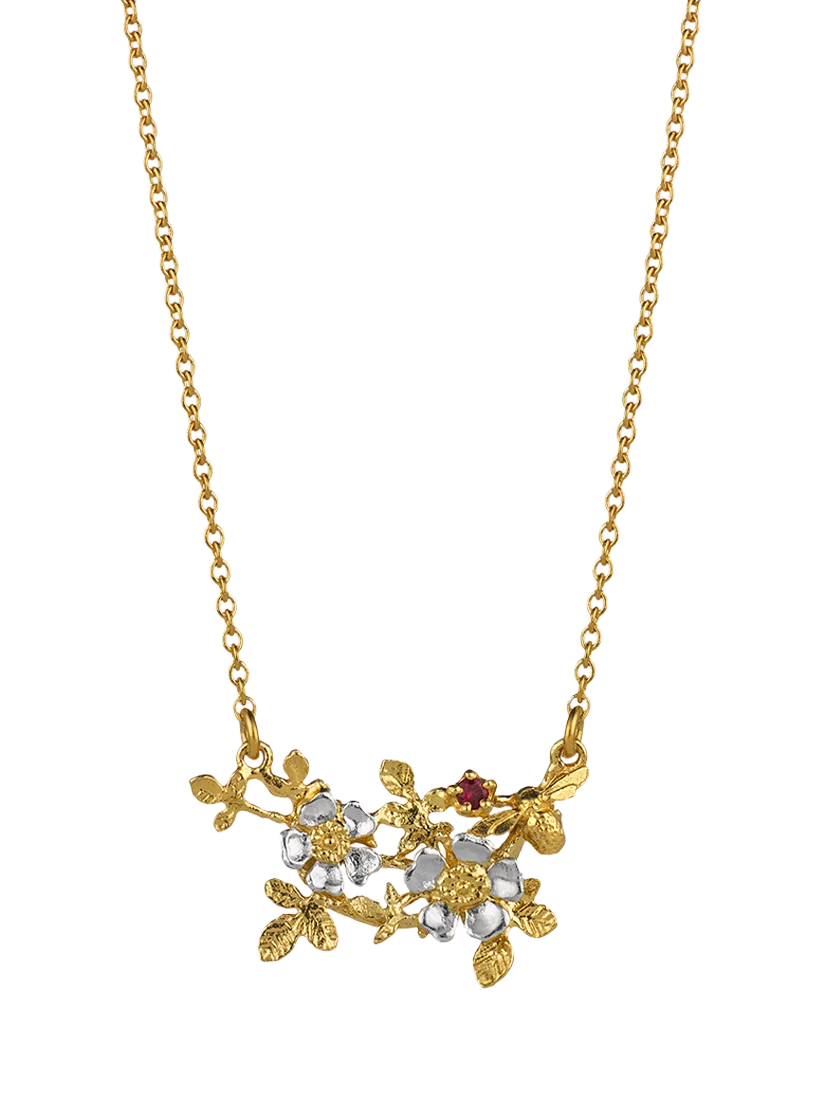 Alex Monroe wild rose bee ruby pendant, imported from the UK