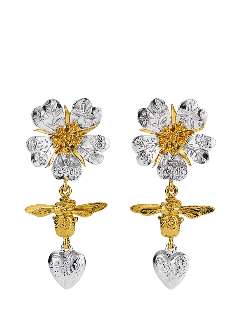 Alex Monroe wild rose heart drop stud earrings, imported from the UK