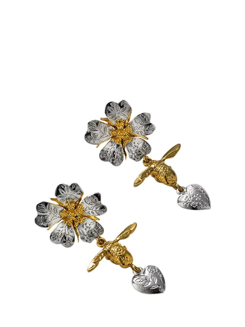 Alex Monroe wild rose heart drop stud earrings, imported from the UK