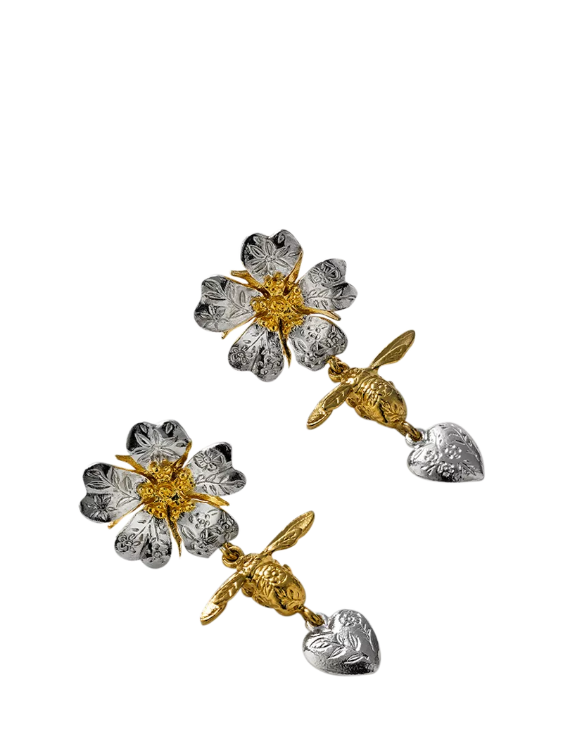 Alex Monroe wild rose heart drop stud earrings, imported from the UK