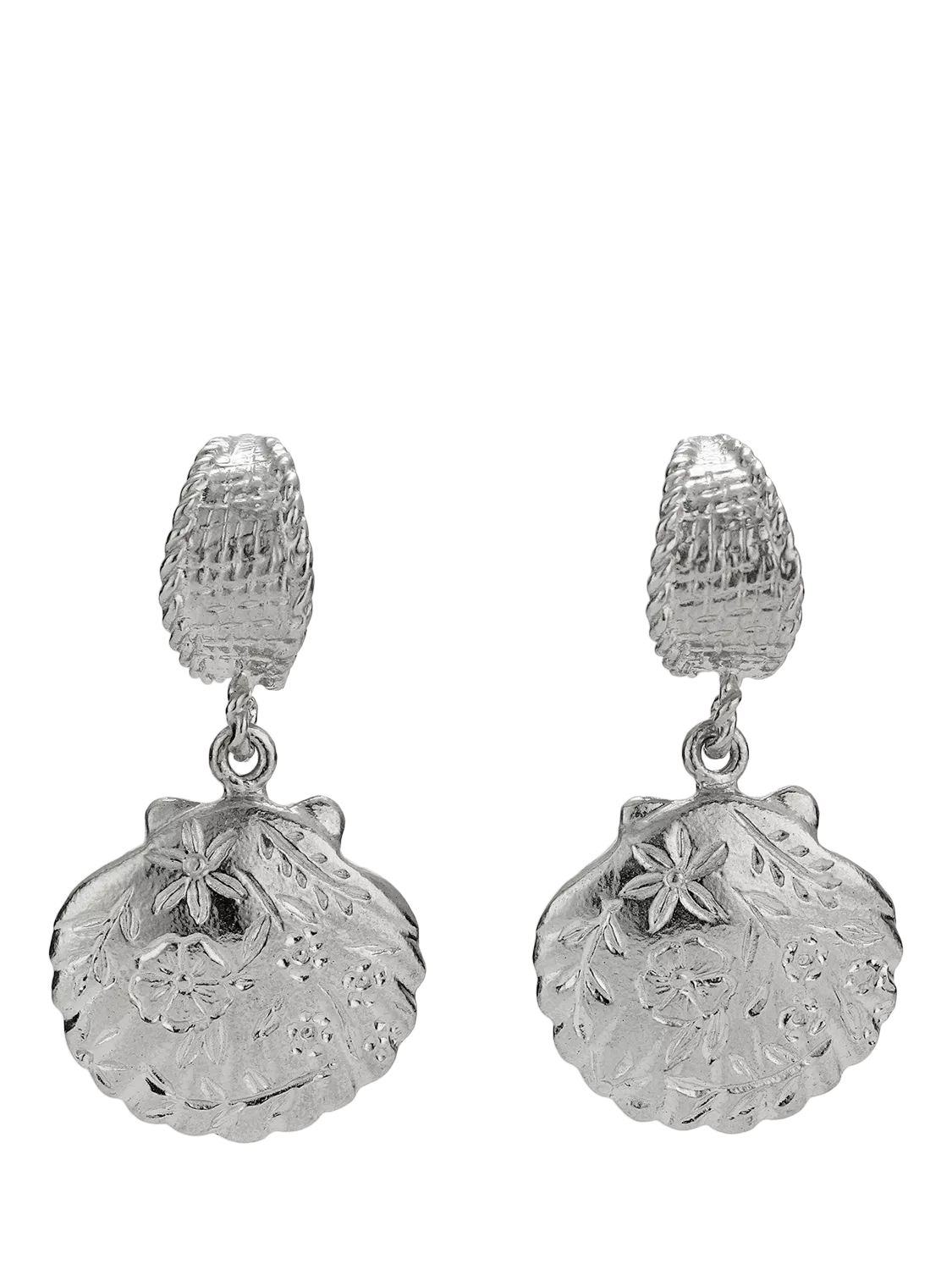 Alex Monroe silver scallop huggie earrings, UK version