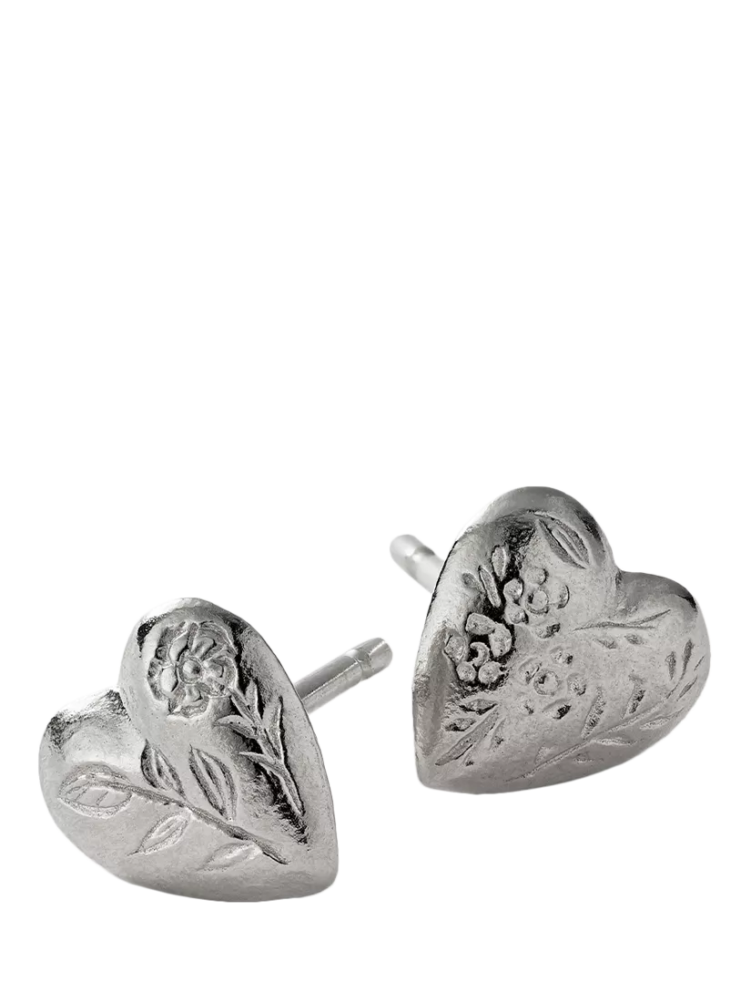 Alex Monroe floral heart stud earrings, silver (British brand)