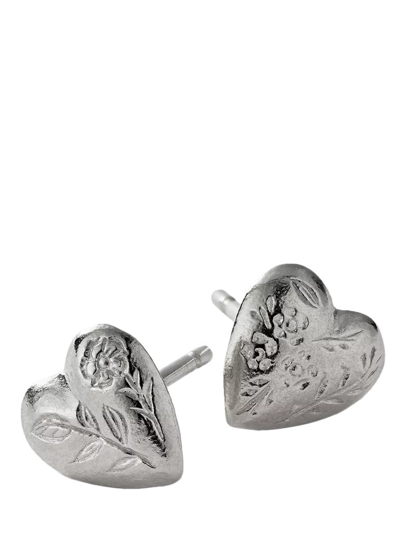 Alex Monroe floral heart stud earrings, silver (British brand)