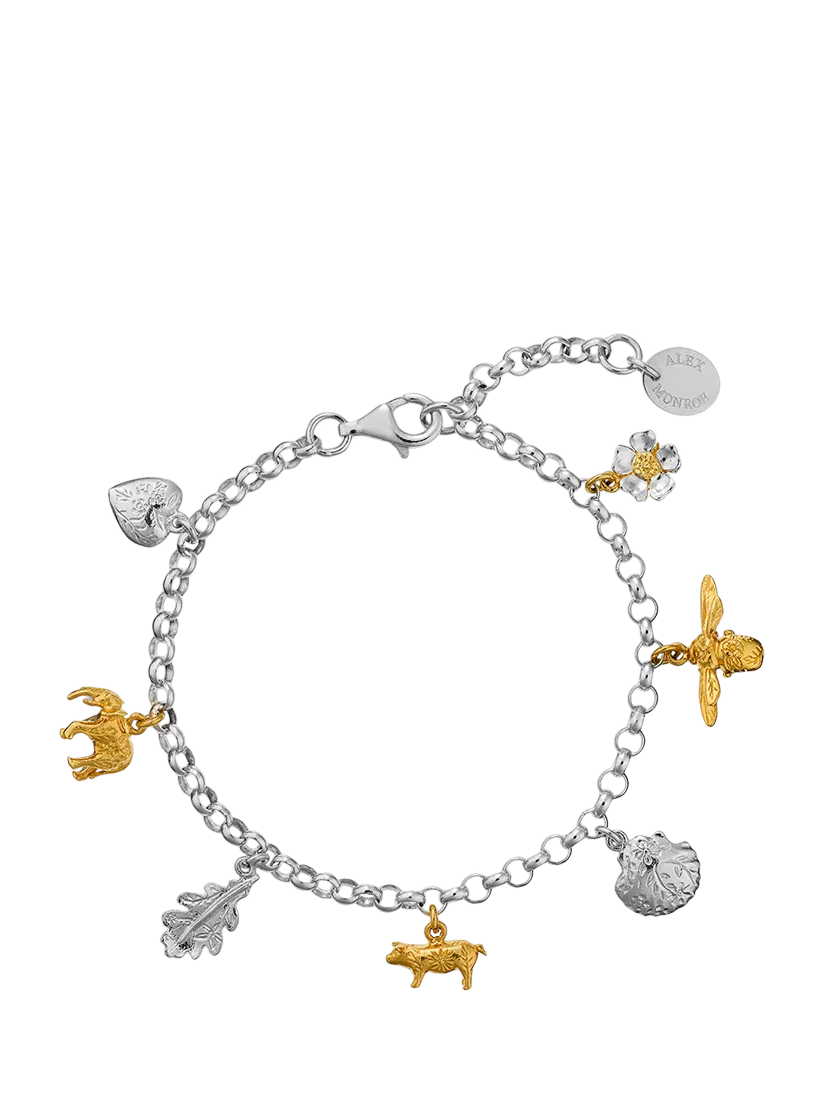 Alex Monroe mixed metal charm bracelet in sterling silver, UK version