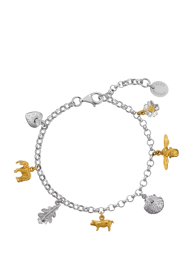 Alex Monroe mixed metal charm bracelet in sterling silver, UK version