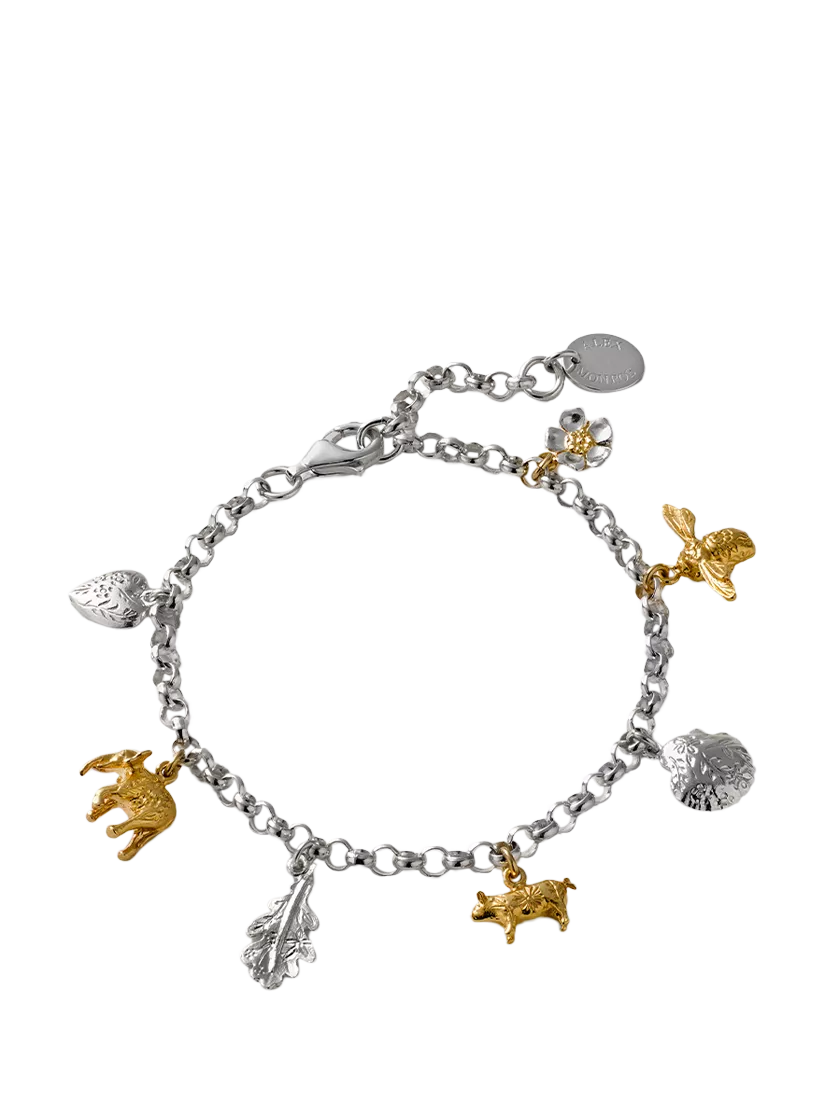 Alex Monroe mixed metal charm bracelet in sterling silver, UK version