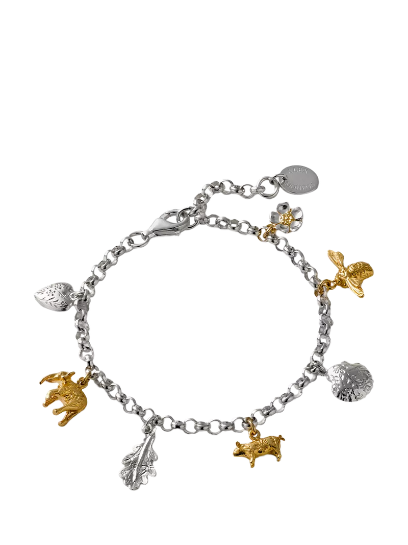 Alex Monroe mixed metal charm bracelet in sterling silver, UK version