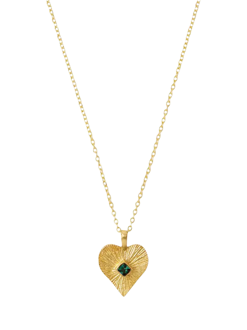 Ottoman Hands gold textured heart pendant with green crystal - British product