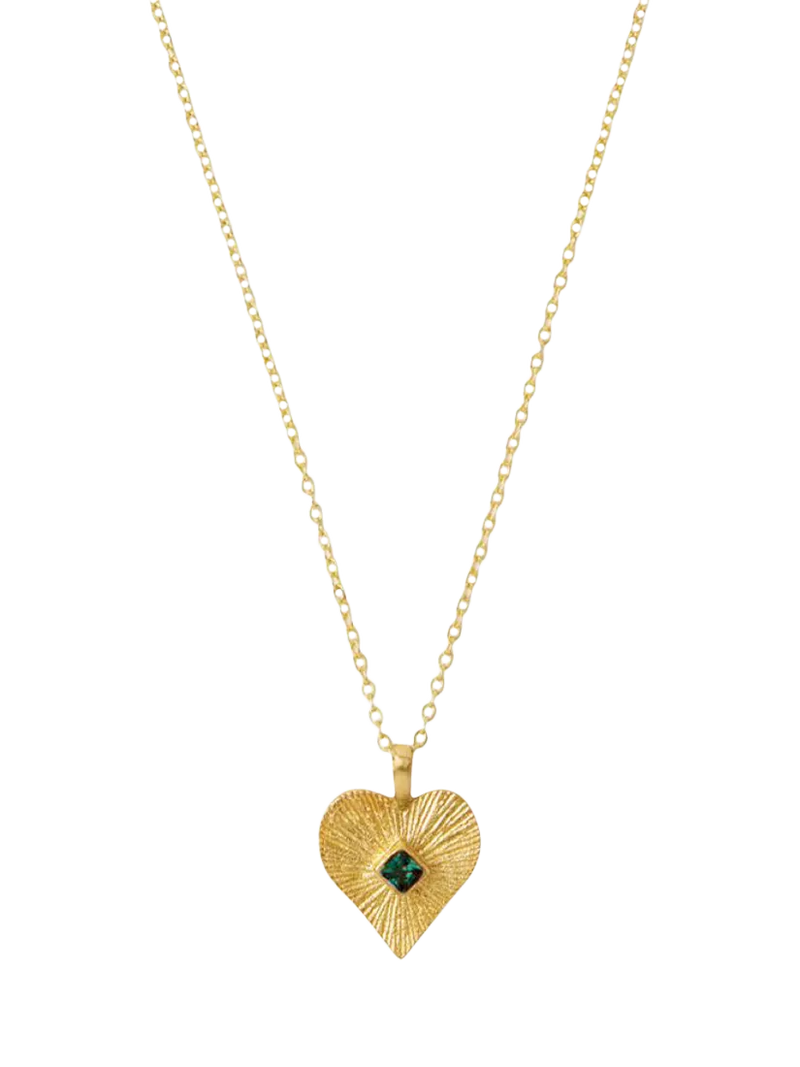 Ottoman Hands gold textured heart pendant with green crystal - British product