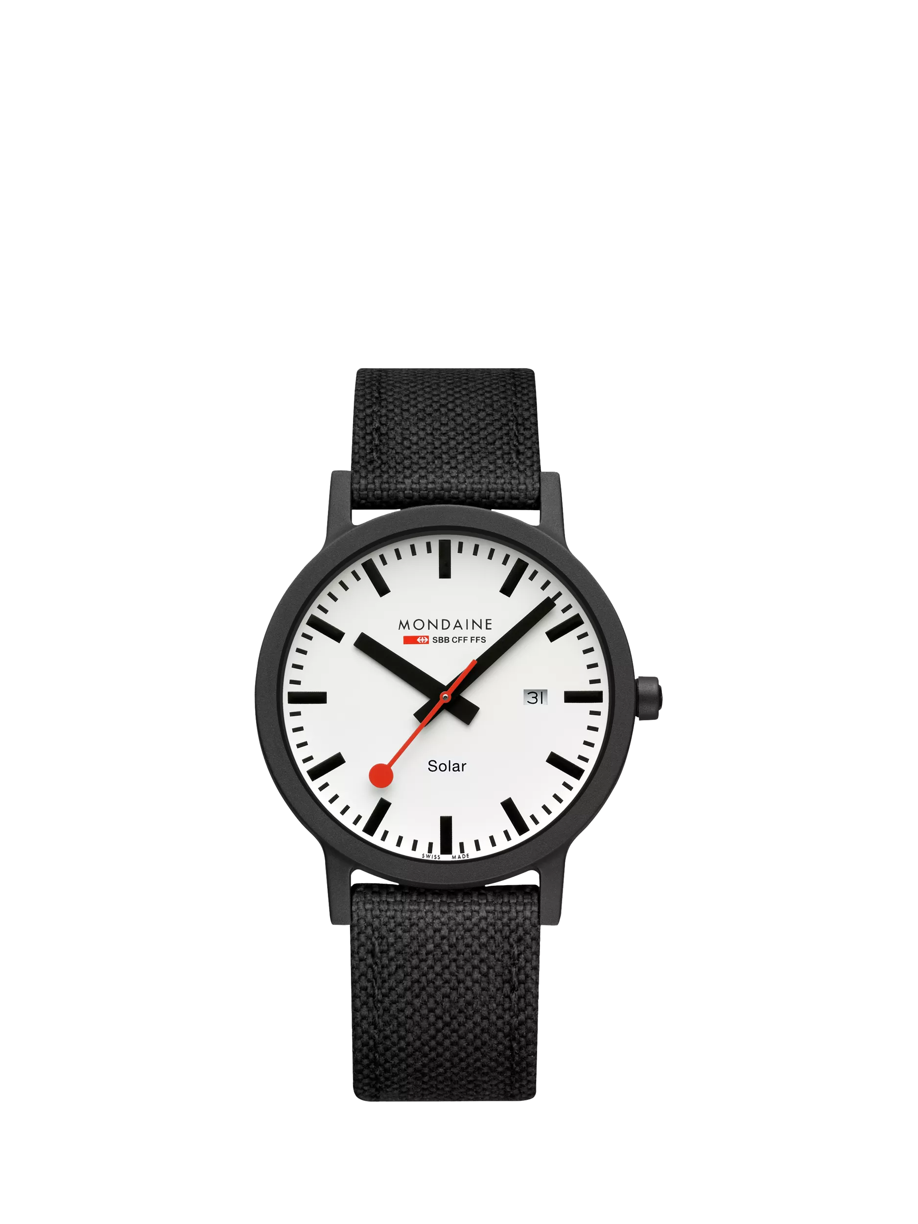 Mondaine Essence Solar watch men's 41mm black nylon strap, imported from the UK