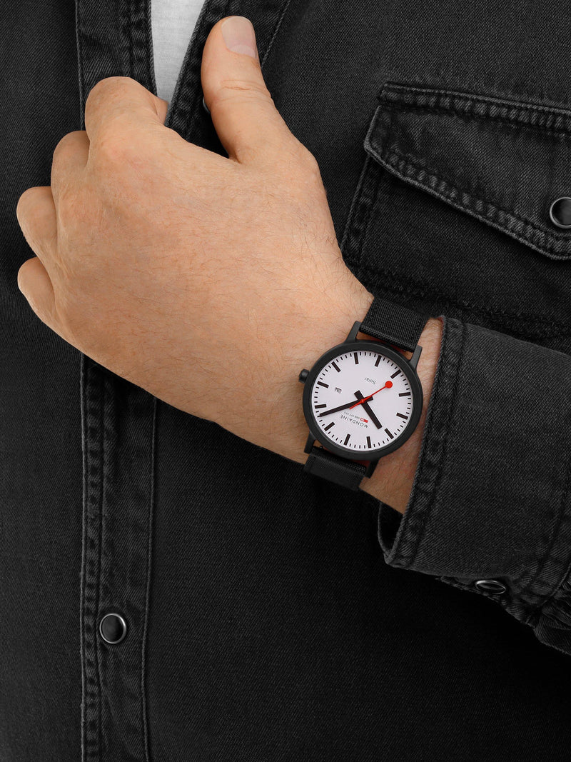 Mondaine Essence Solar watch men's 41mm black nylon strap, imported from the UK