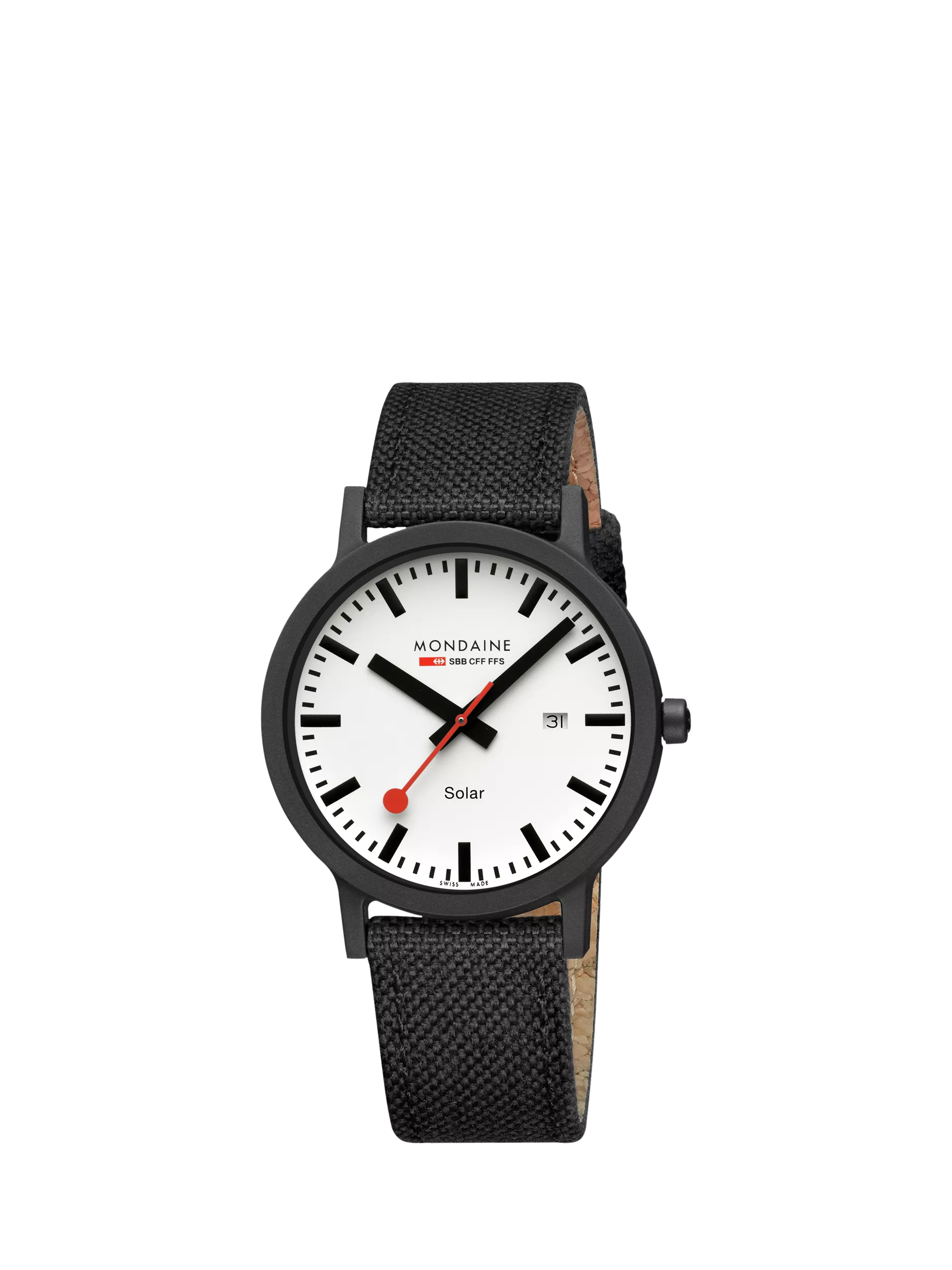Mondaine Essence Solar watch men's 41mm black nylon strap, imported from the UK