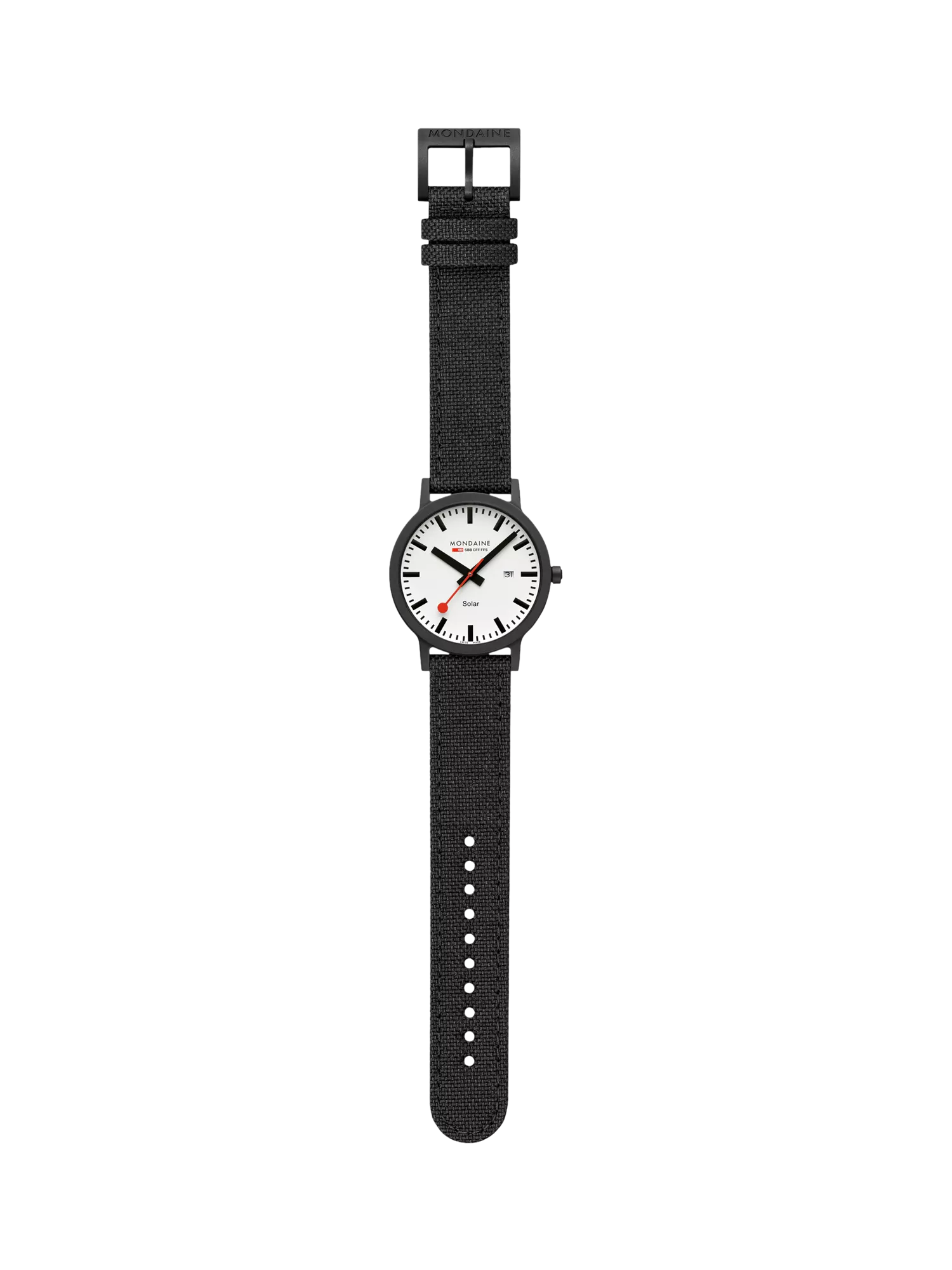 Mondaine Essence Solar watch men's 41mm black nylon strap, imported from the UK