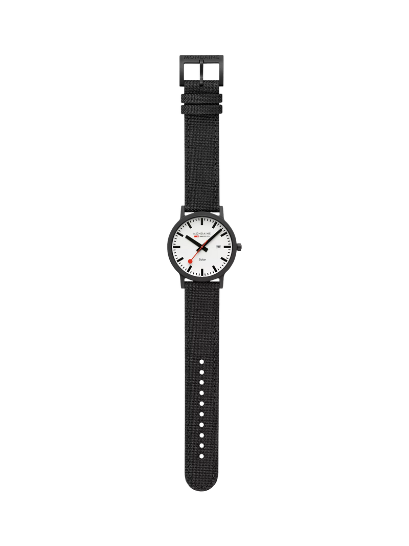 Mondaine Essence Solar watch men's 41mm black nylon strap, imported from the UK