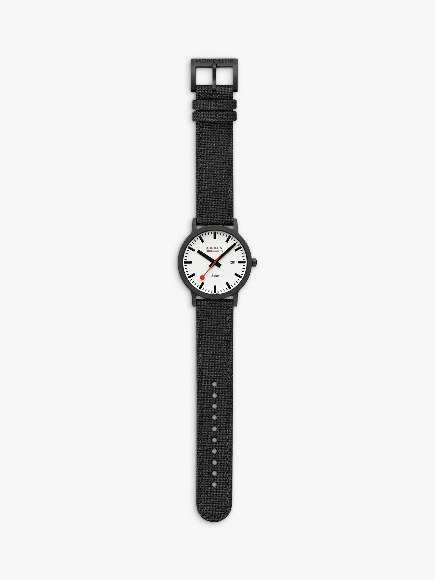 Mondaine Essence Solar watch men's 41mm black nylon strap, imported from the UK
