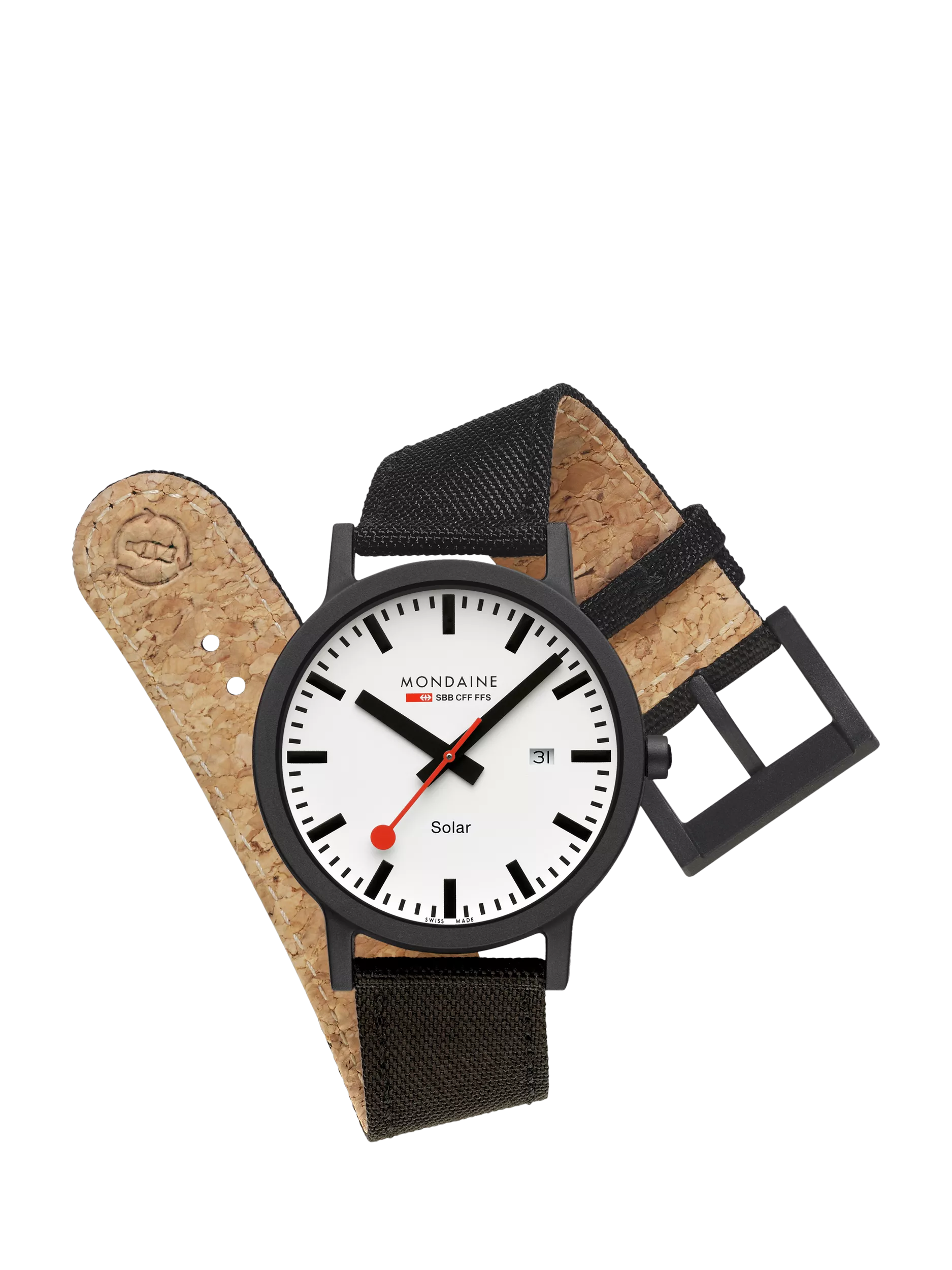 Mondaine Essence Solar watch men's 41mm black nylon strap, imported from the UK