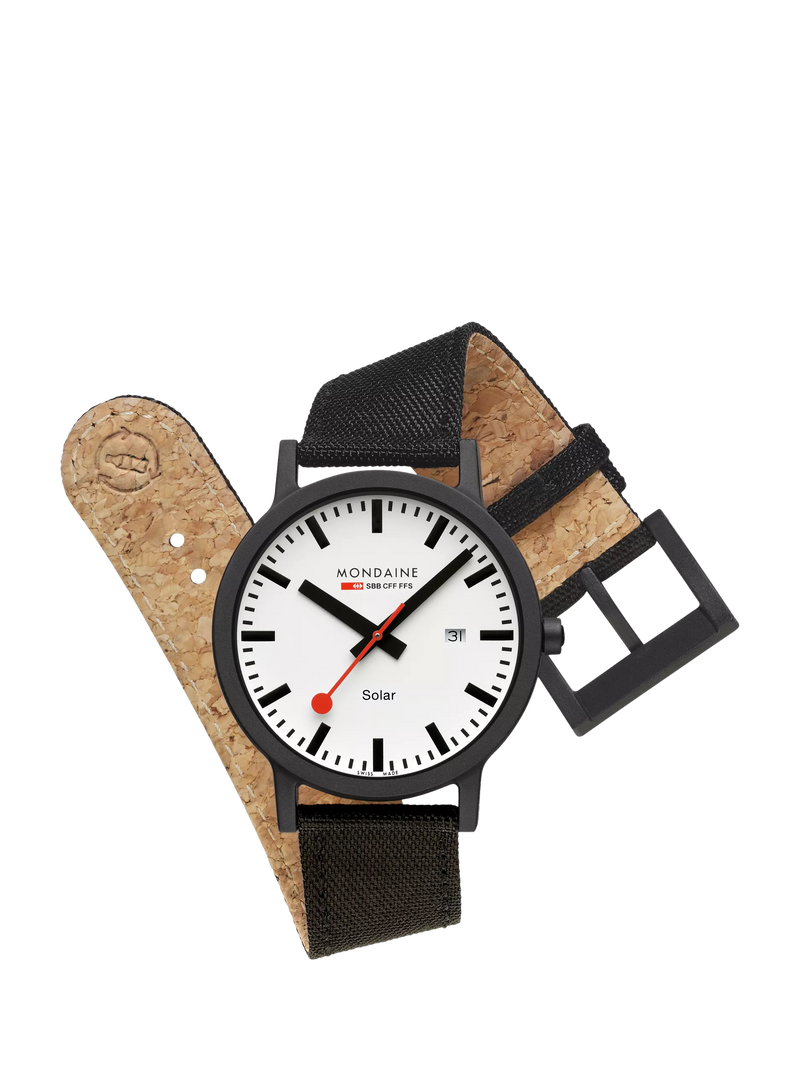 Mondaine Essence Solar watch men's 41mm black nylon strap, imported from the UK