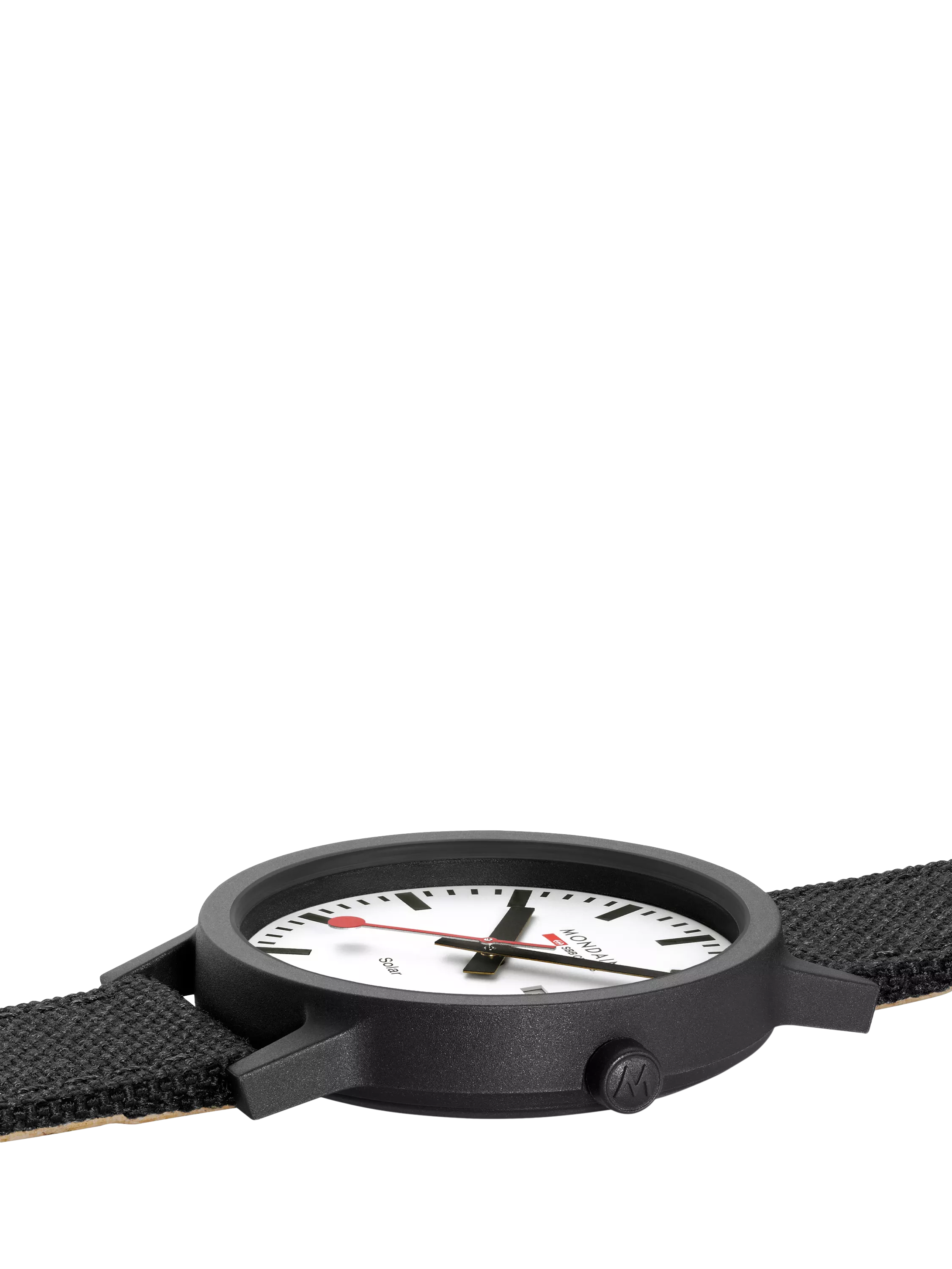 Mondaine Essence Solar watch men's 41mm black nylon strap, imported from the UK