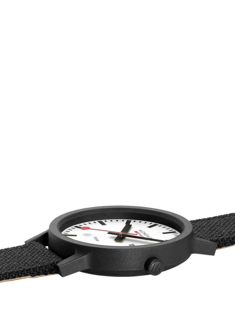 Mondaine Essence Solar watch men's 41mm black nylon strap, imported from the UK