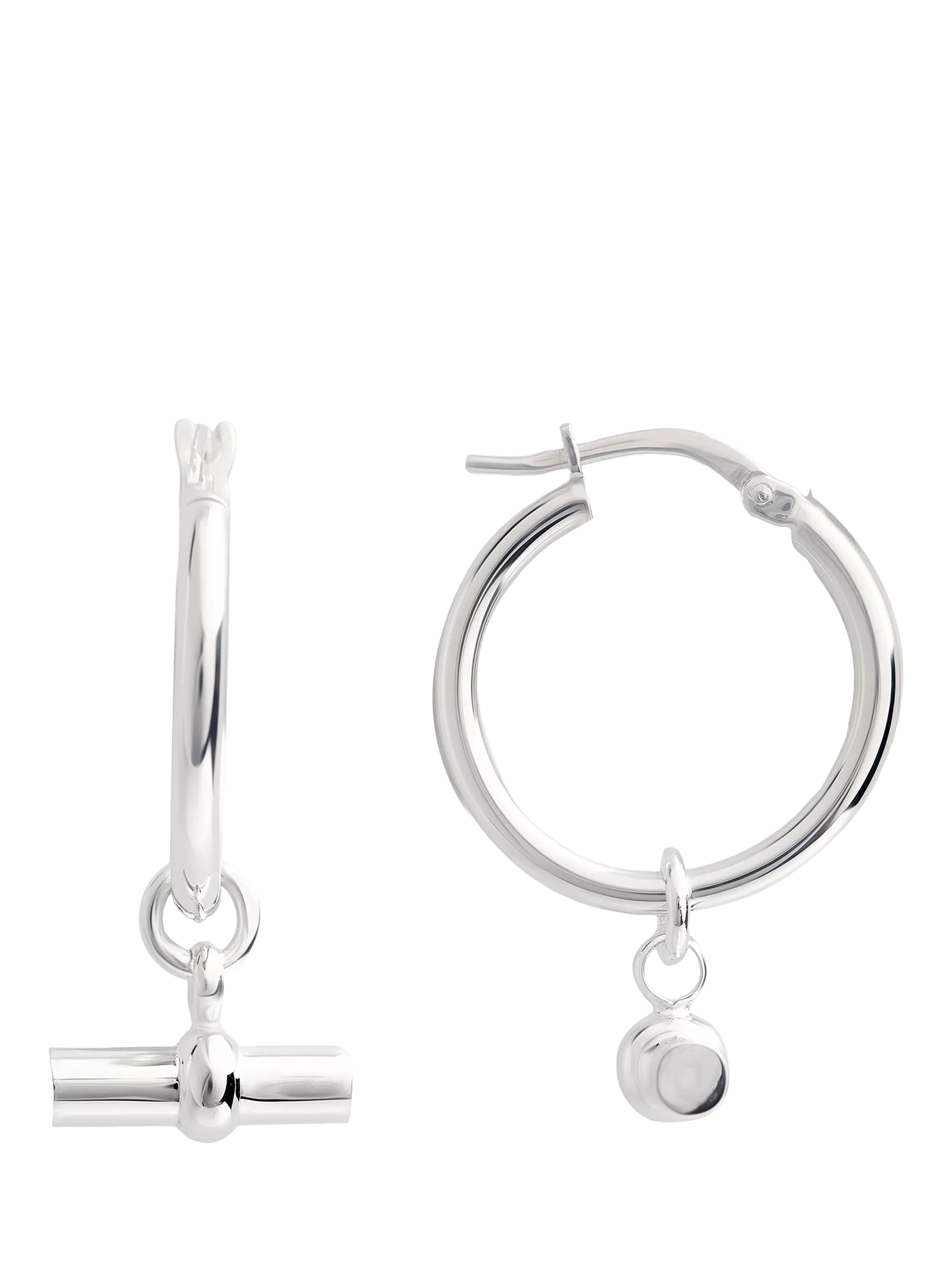 LARNAUTI silver hoop earrings with T-bar charm, UK version